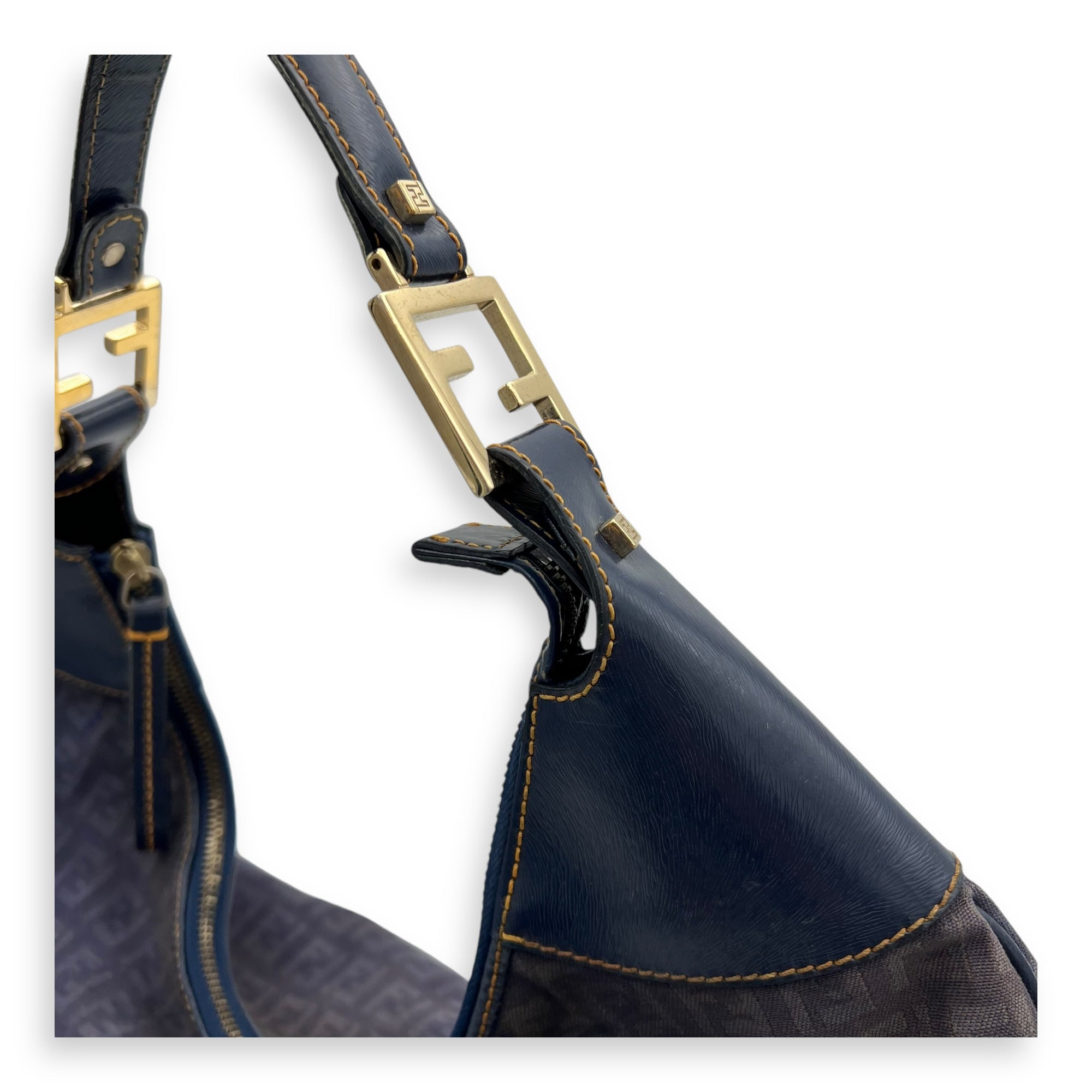 Fendi FF Zucca Shoulder Bag Blue in Jacquard, Gold hardware_7