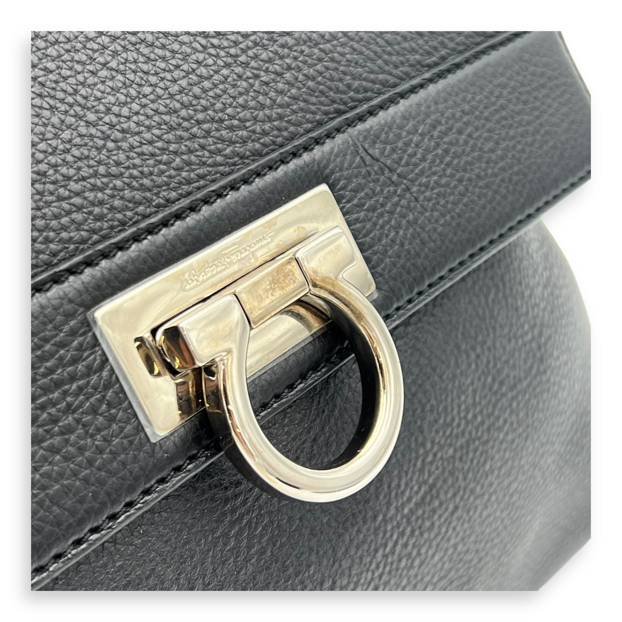 Salvatore Ferragamo Sofia Black Top Handle Bag in Calfskin, Silver hardware_7