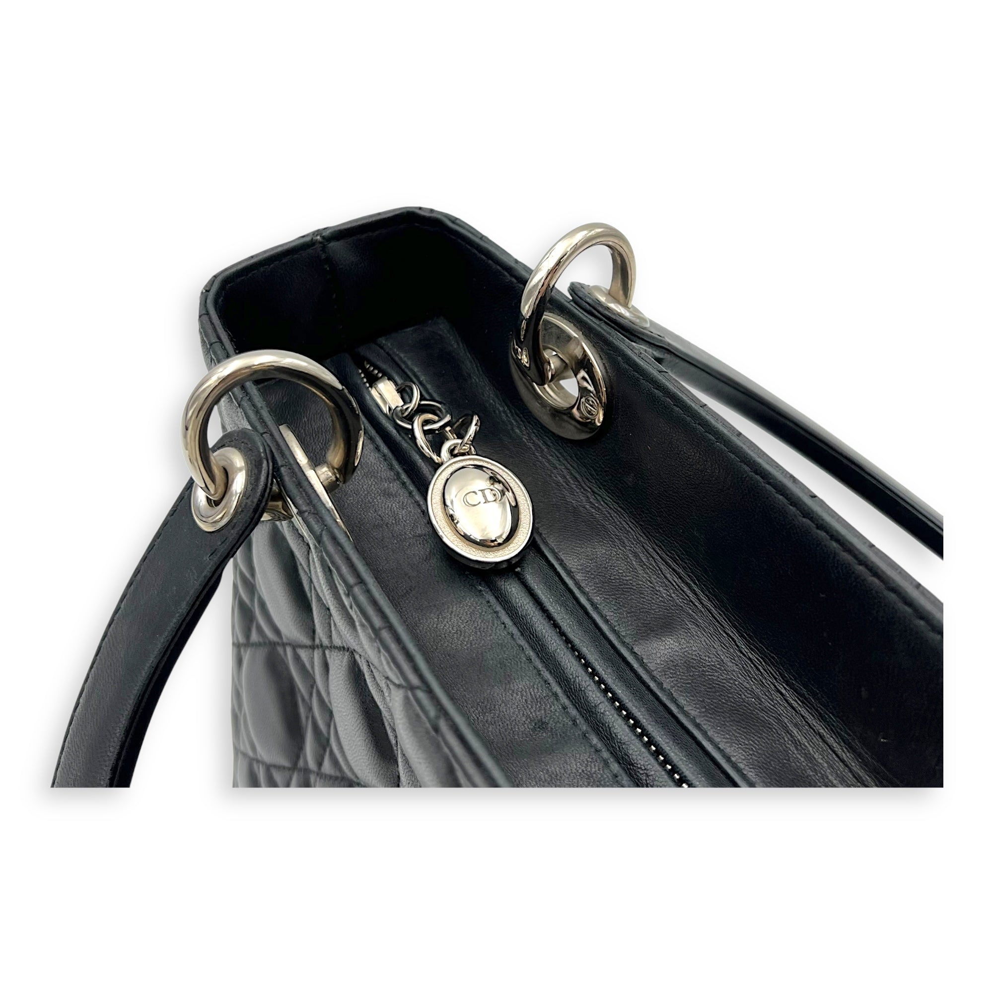 Christian Dior Lady Dior Medium Black Top Handle Bag in Lambskin, Silver hardware_7