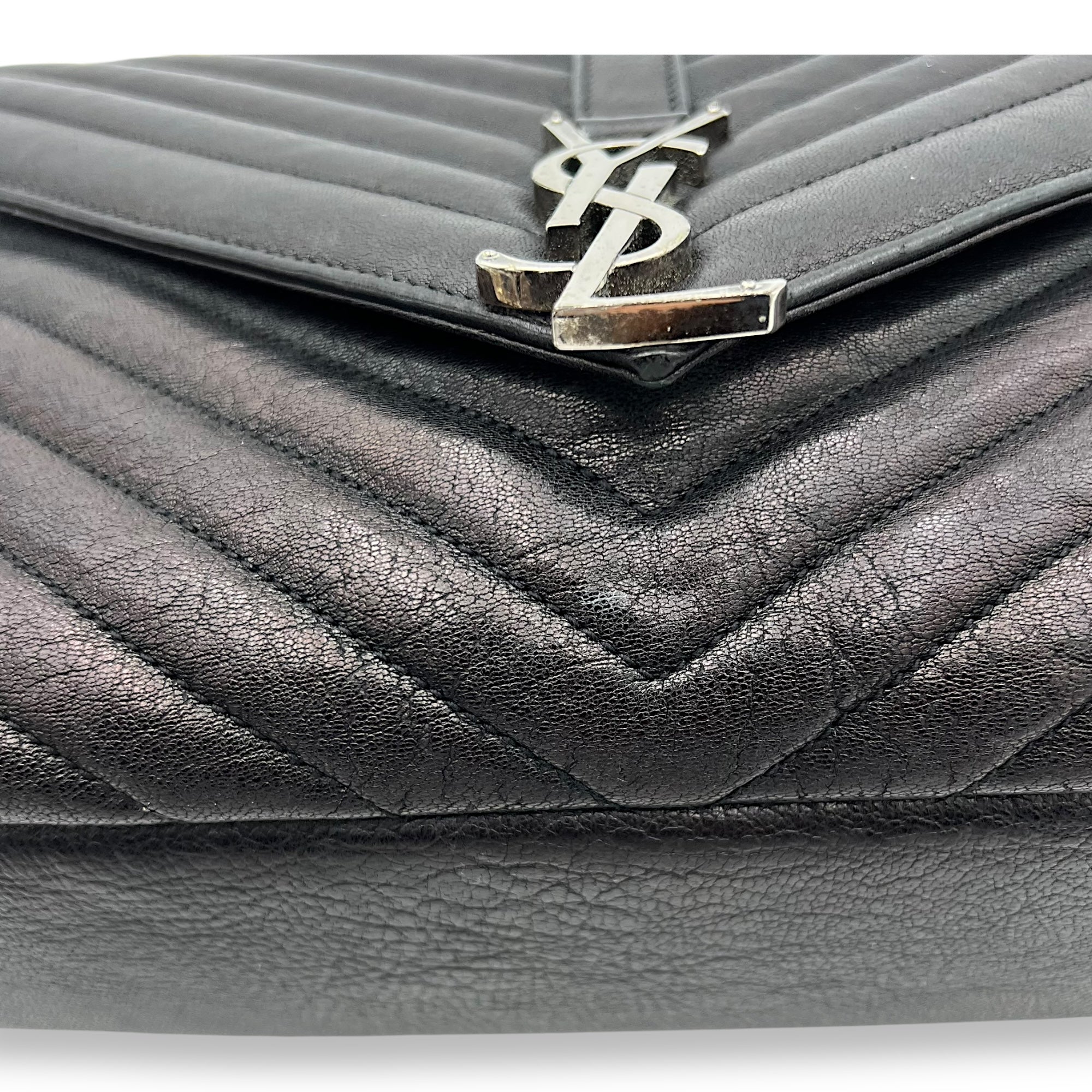 Saint Laurent College Large Black Shoulder Bag in Calfskin, Silver hardware_7