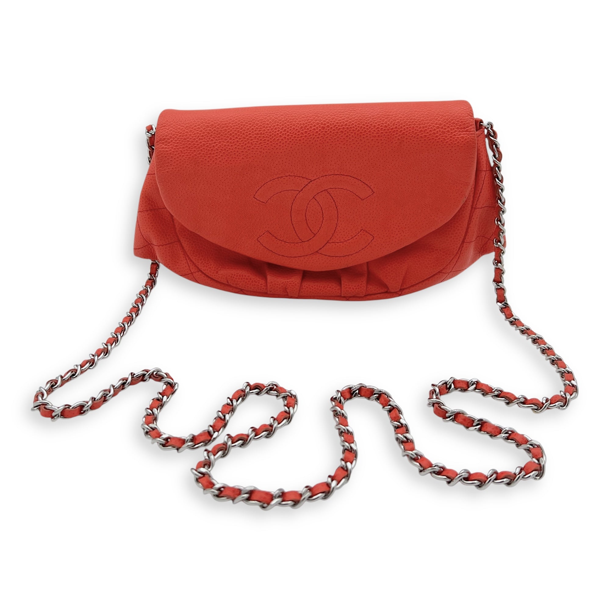 Chanel Half Moon Wallet On Chain Red in Caviar Leather, Silver hardware_12