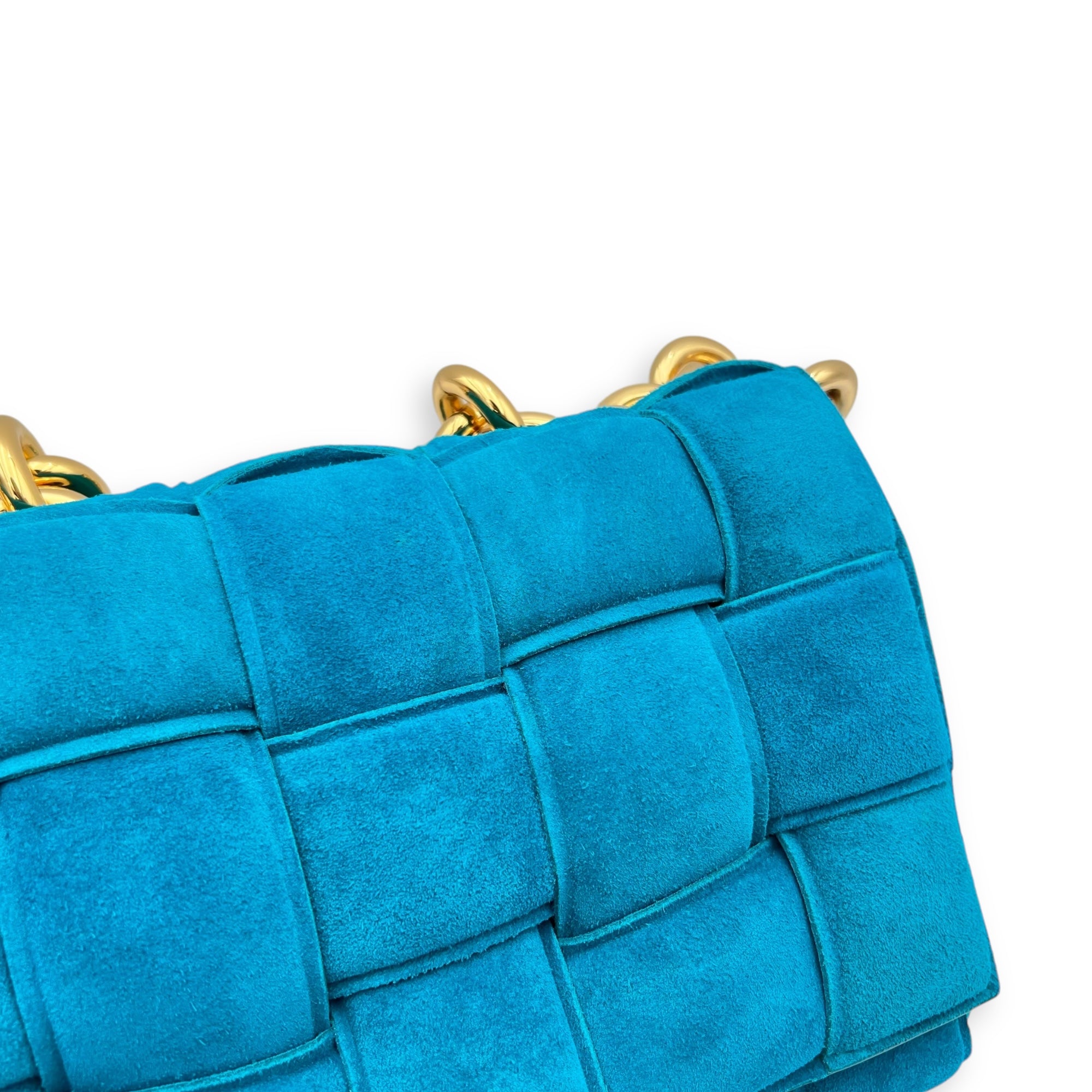 Bottega Veneta Cassette Crossbody Bag Blue in Suede Leather, Gold hardware_7