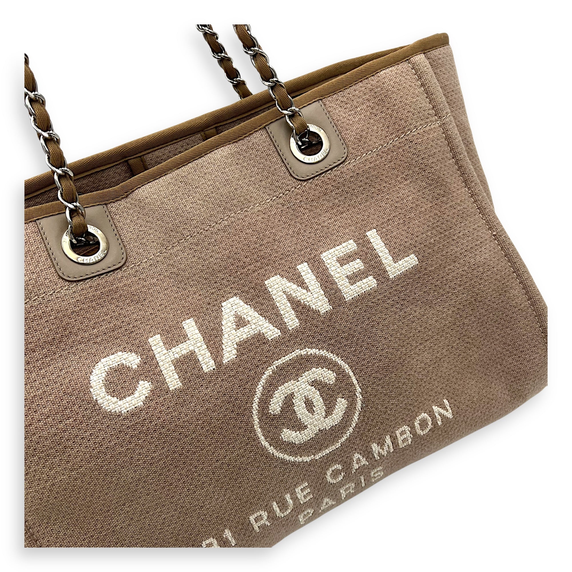 Chanel Deauville Tote Bag Brown in Canvas, Silver hardware_7