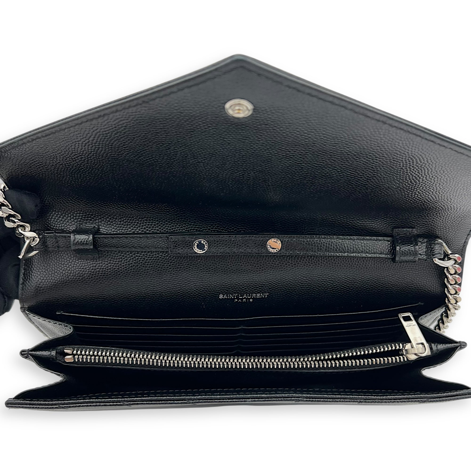 Saint Laurent Cassandre Wallet On Chain Black in Caviar Leather, Silver hardware_6