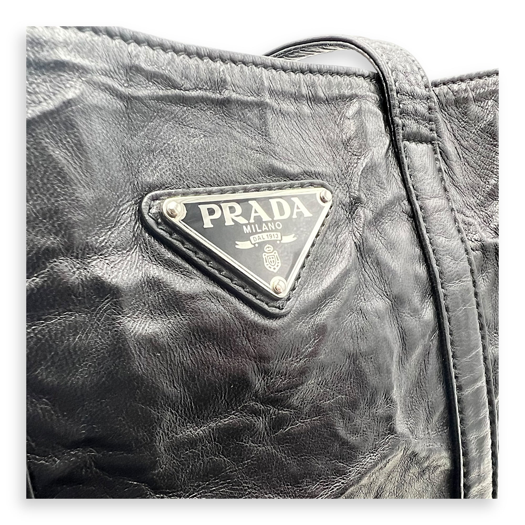 Prada Antique Logo Small Black Tote Bag in Nappa Leather, Silver hardware_7