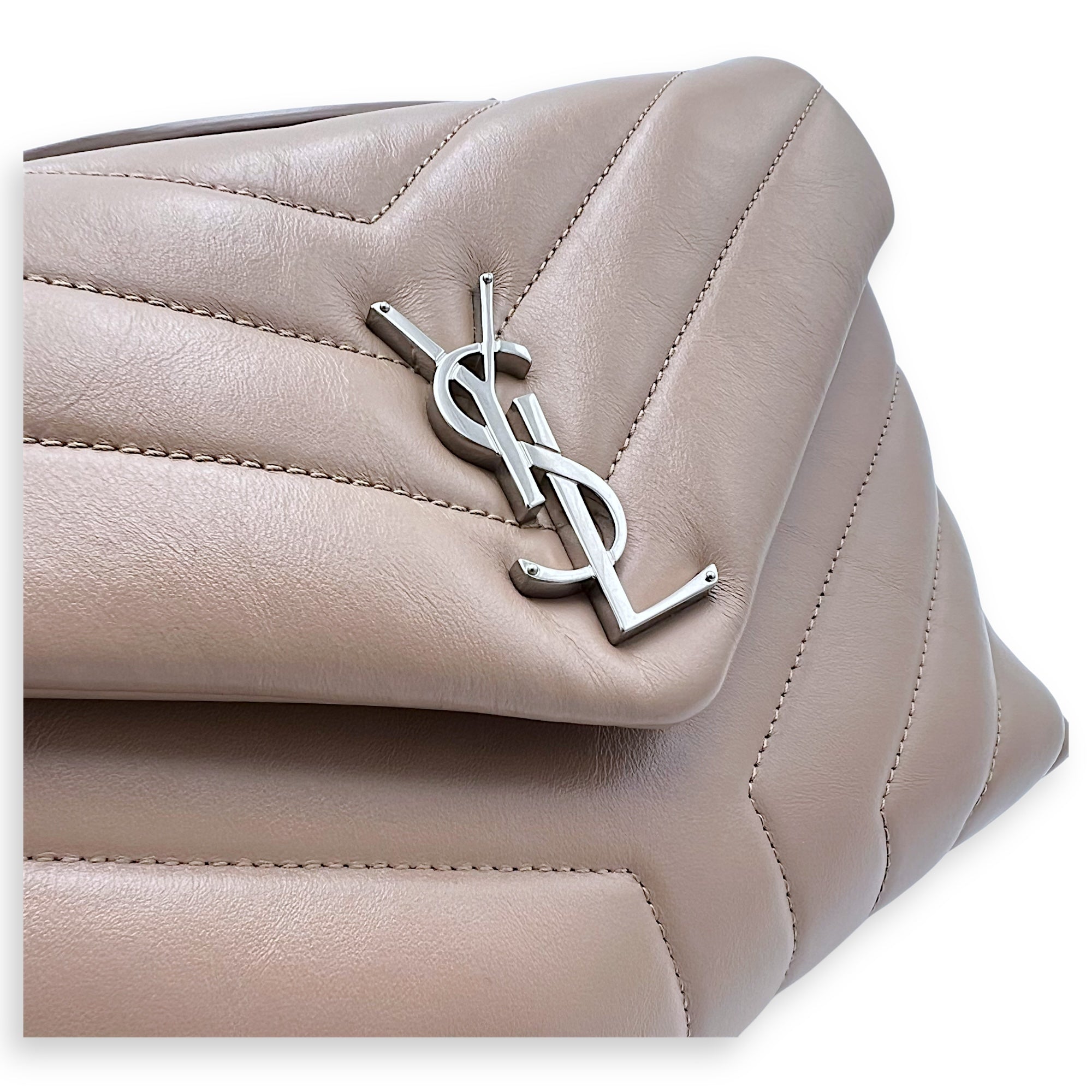 Saint Laurent Loulou Small Beige Shoulder Bag in Calfskin, Silver hardware_7