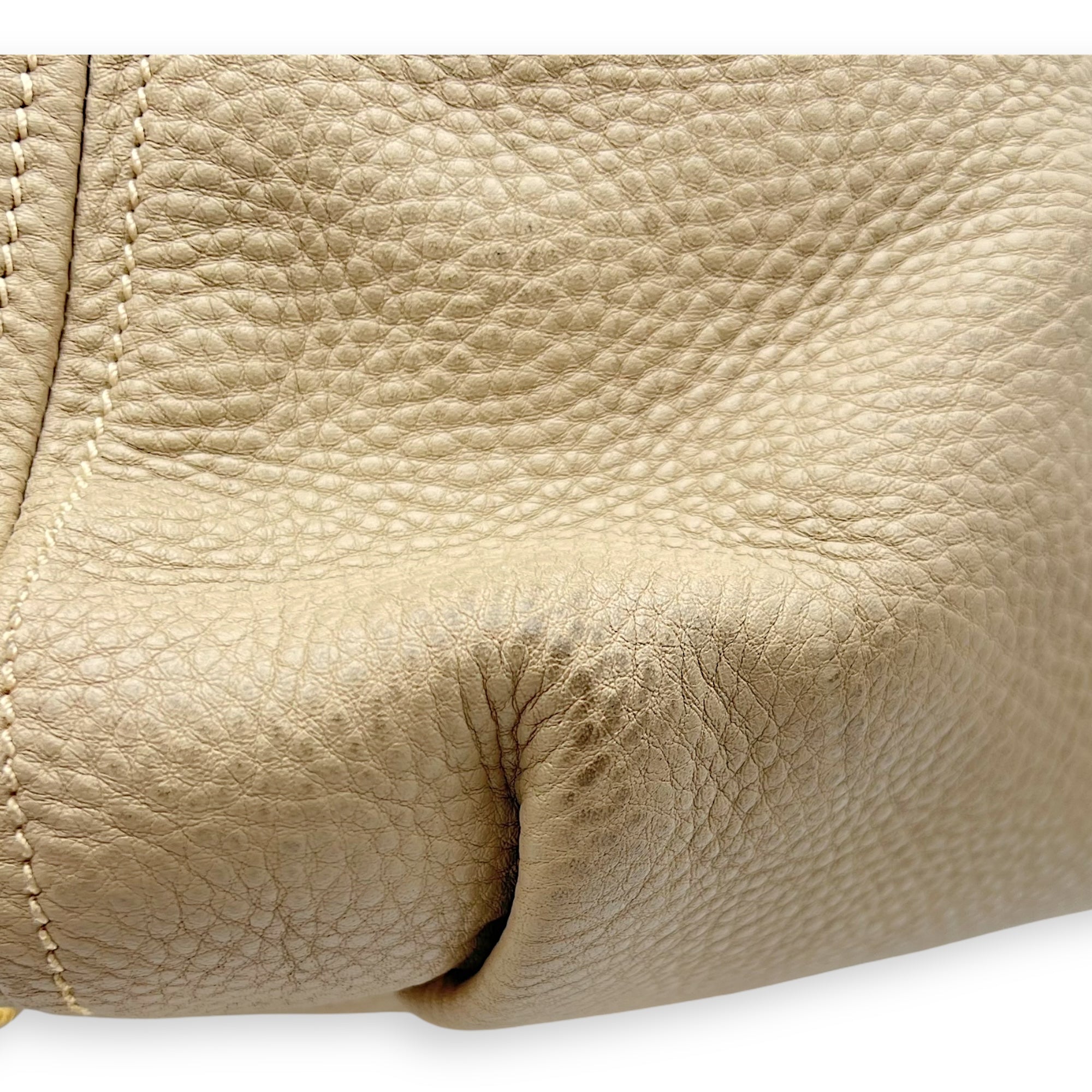 Prada Logo Top Handle Bag Beige in Calfskin, Gold hardware_7