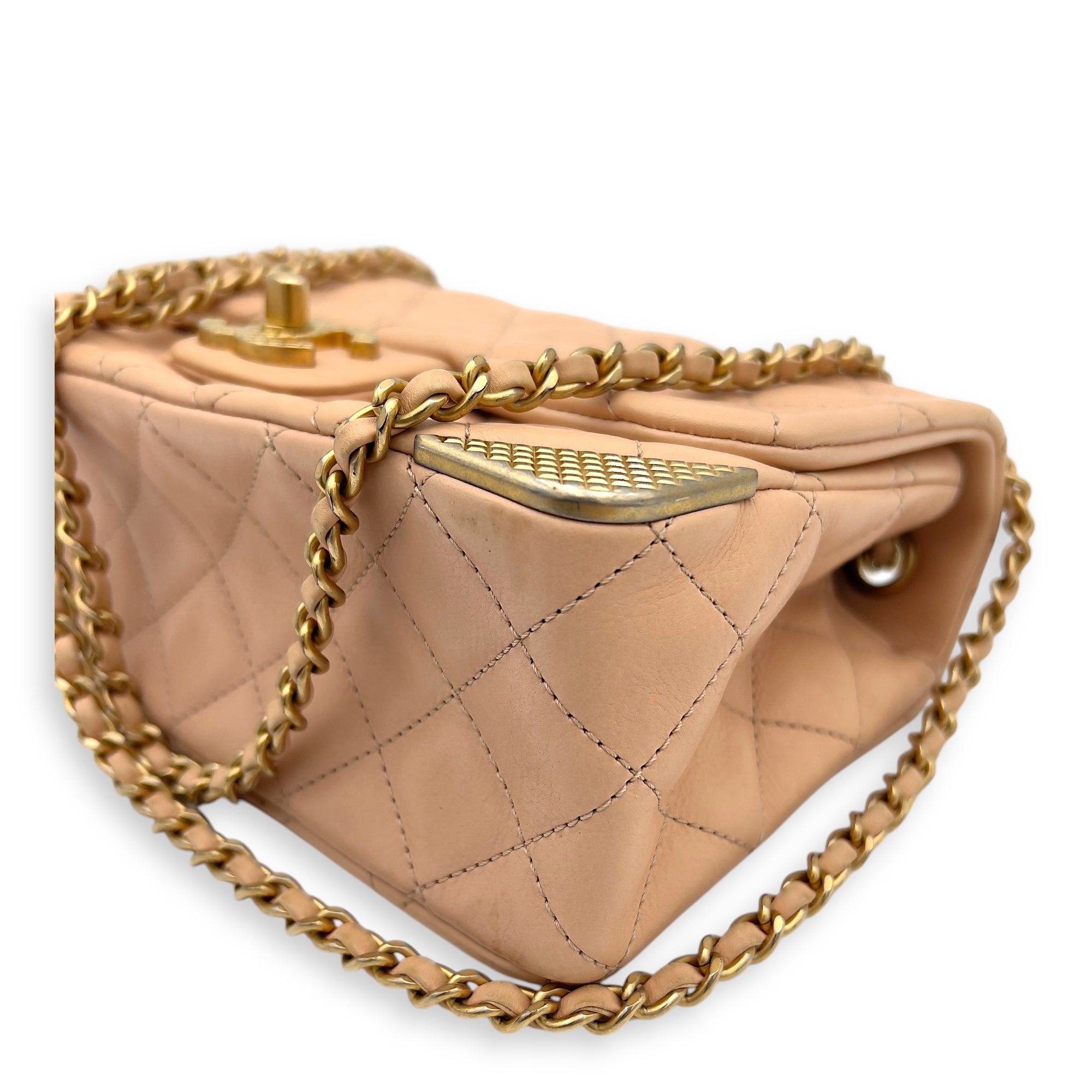 Chanel Mini Rectangle Shoulder Bag Beige in Lambskin, Gold hardware_7