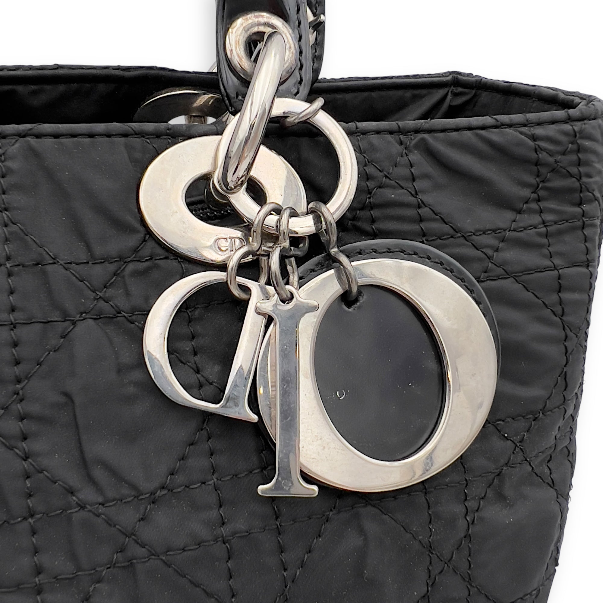 Christian Dior Lady Dior Black Top Handle Bag in Nylon, Silver hardware_7