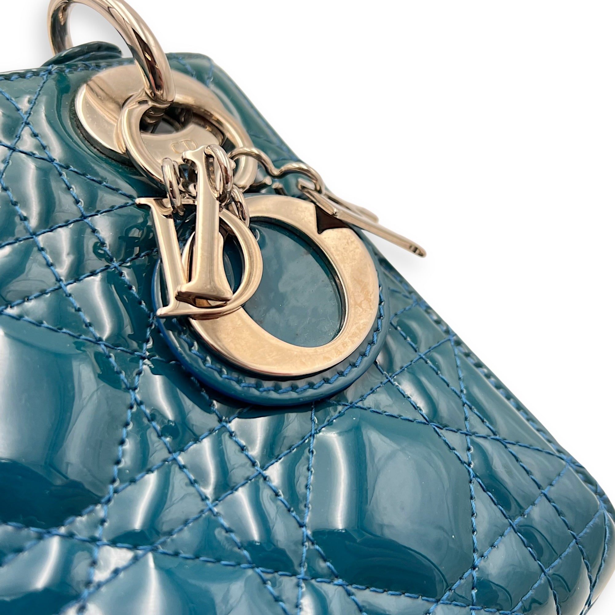 Christian Dior Lady Dior Mini Blue Top Handle Bag in Patent Leather, Silver hardware_7