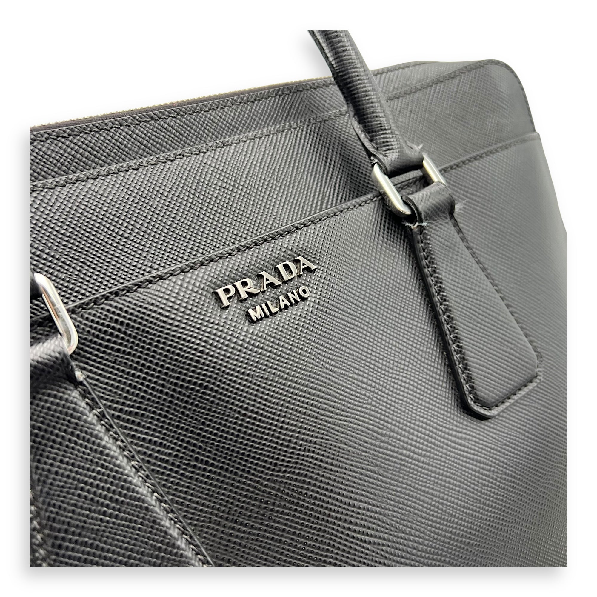 Prada Logo Black Briefcase in Saffiano Leather, Silver hardware_7