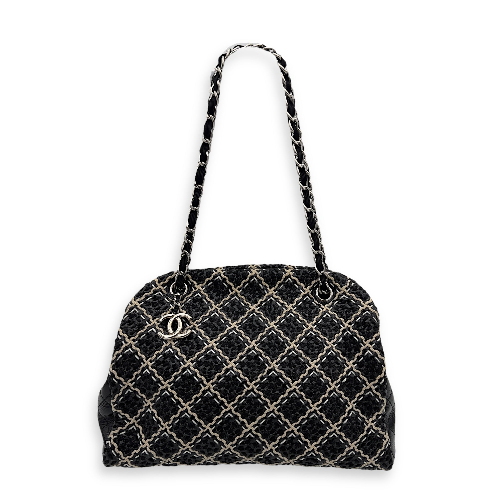 Chanel Mademoiselle Bowler Shoulder Bag Black in Tweed, Silver hardware_3