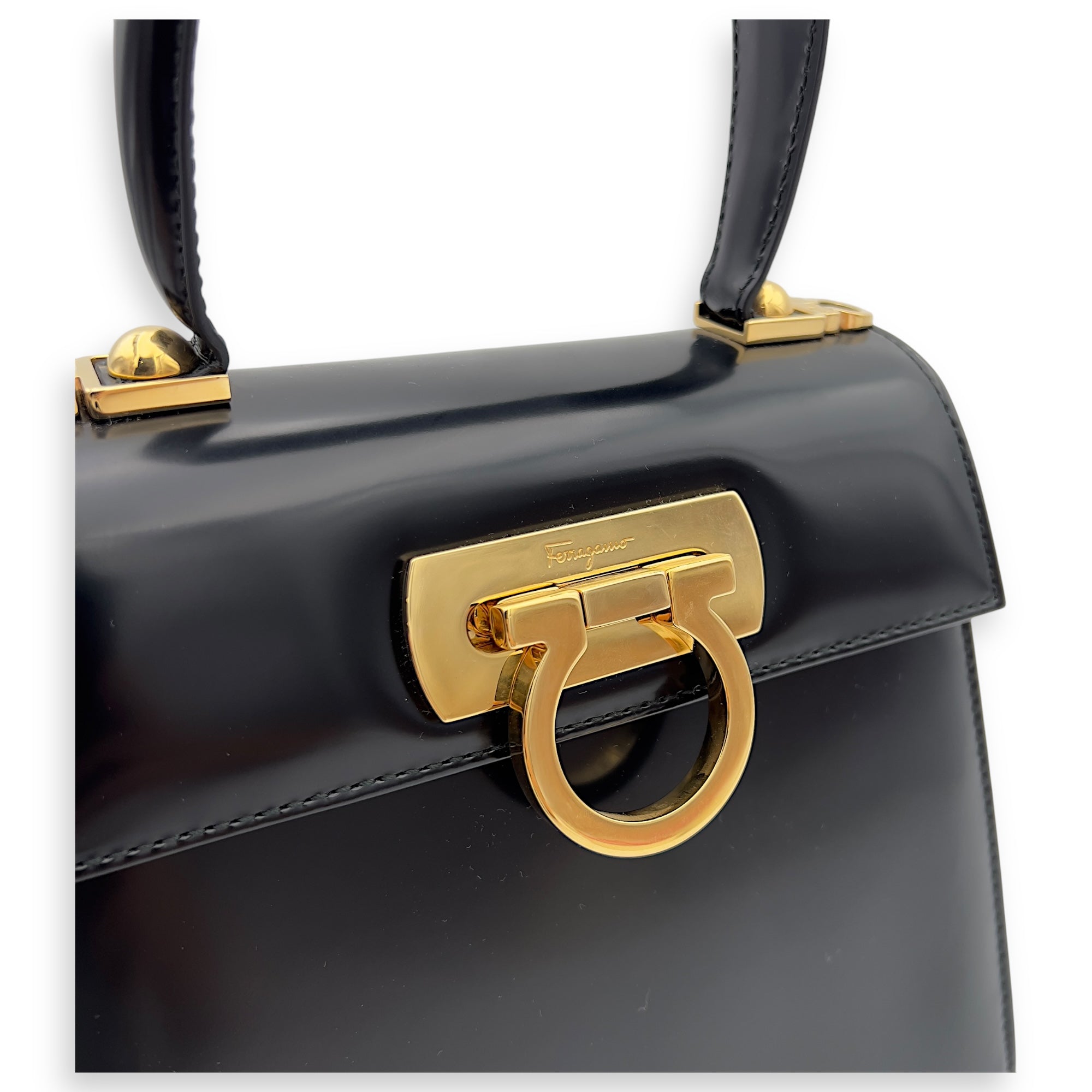 Salvatore Ferragamo Logo Top Handle Bag Black in Calfskin, Gold hardware_7