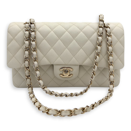 Chanel Classic Shoulder Bag White in Caviar Leather, Light Gold hardware_5