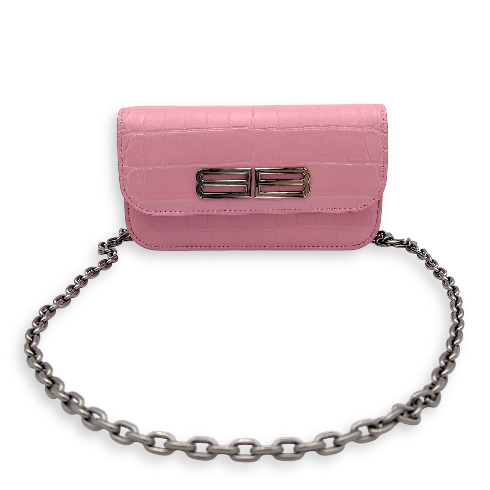 Balenciaga Gossip Pink Wallet On Chain in Crocodile Embossed Calfskin, Silver hardware_7