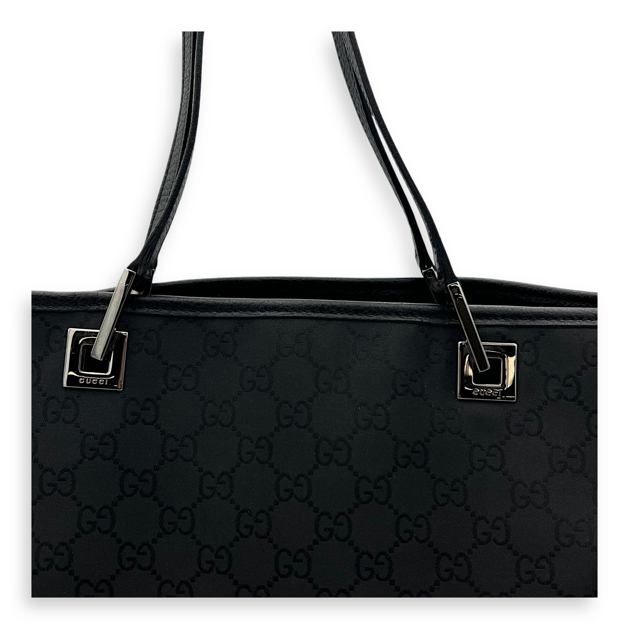 Gucci Tote Top Handle Bag Medium Black in Calfskin, Silver hardware_8