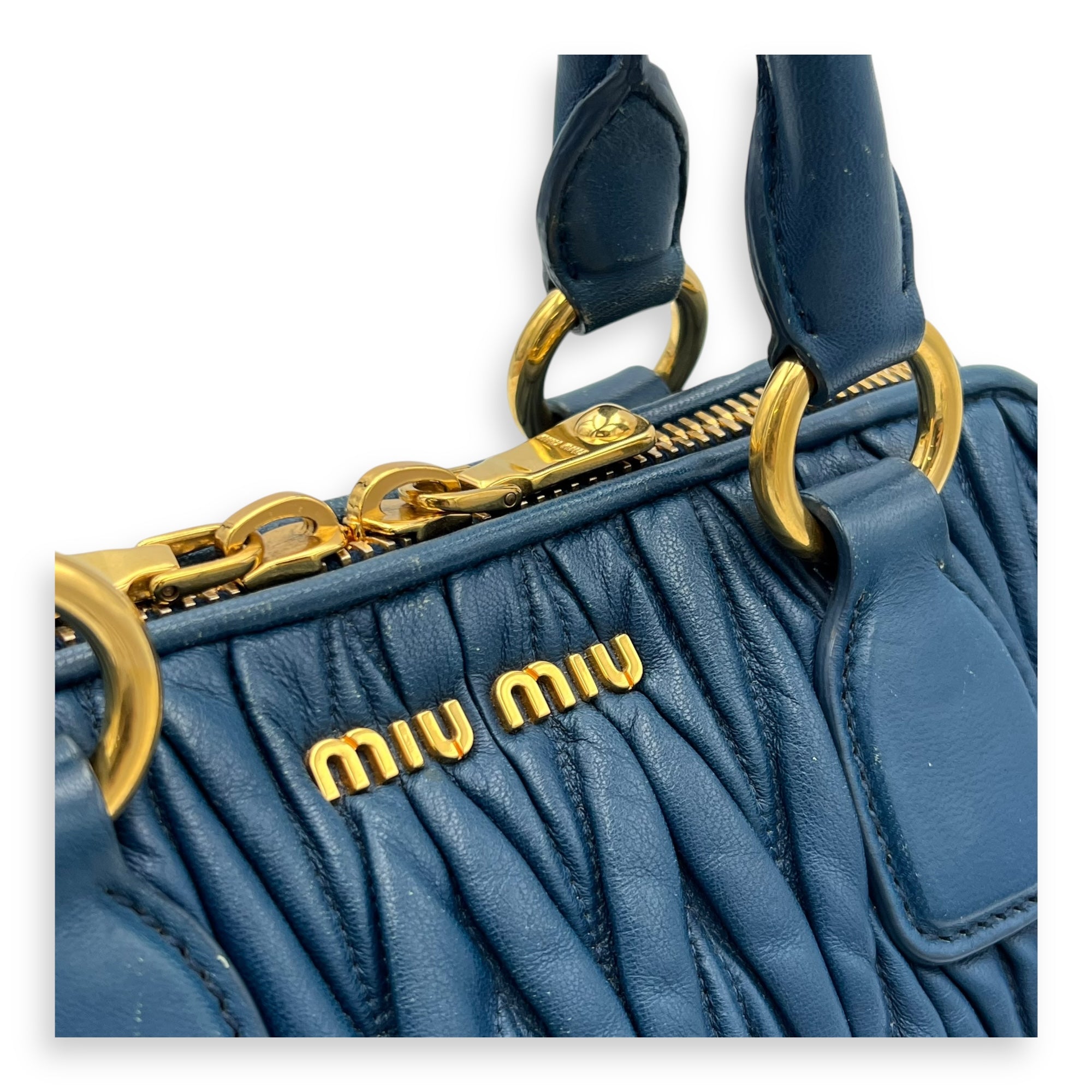 Miu Miu Gaufre Top Handle Bag Blue in Calfskin, Gold hardware_7