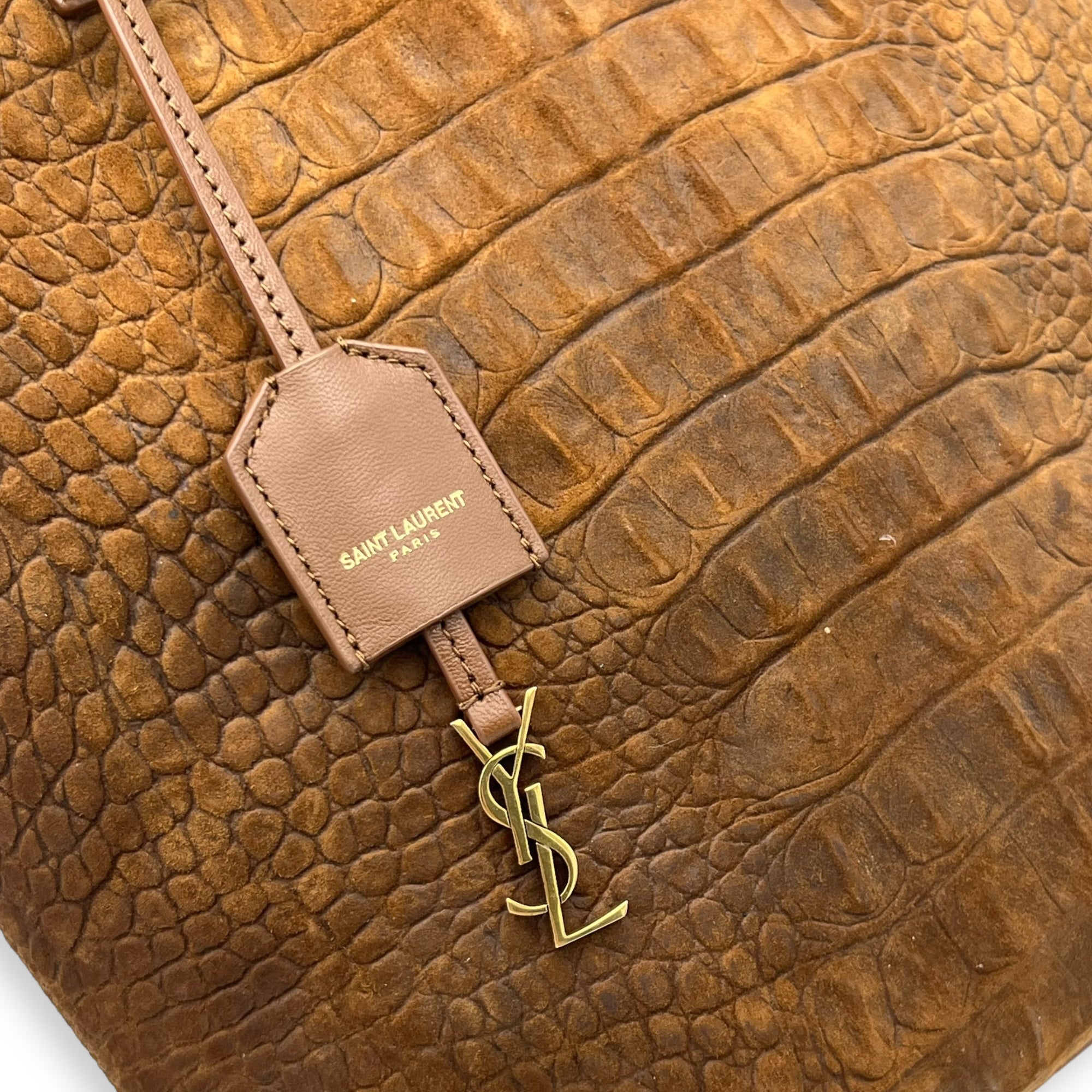 Saint Laurent Shopping Tote Bag Brown in Suede Leather, Gold hardware_7