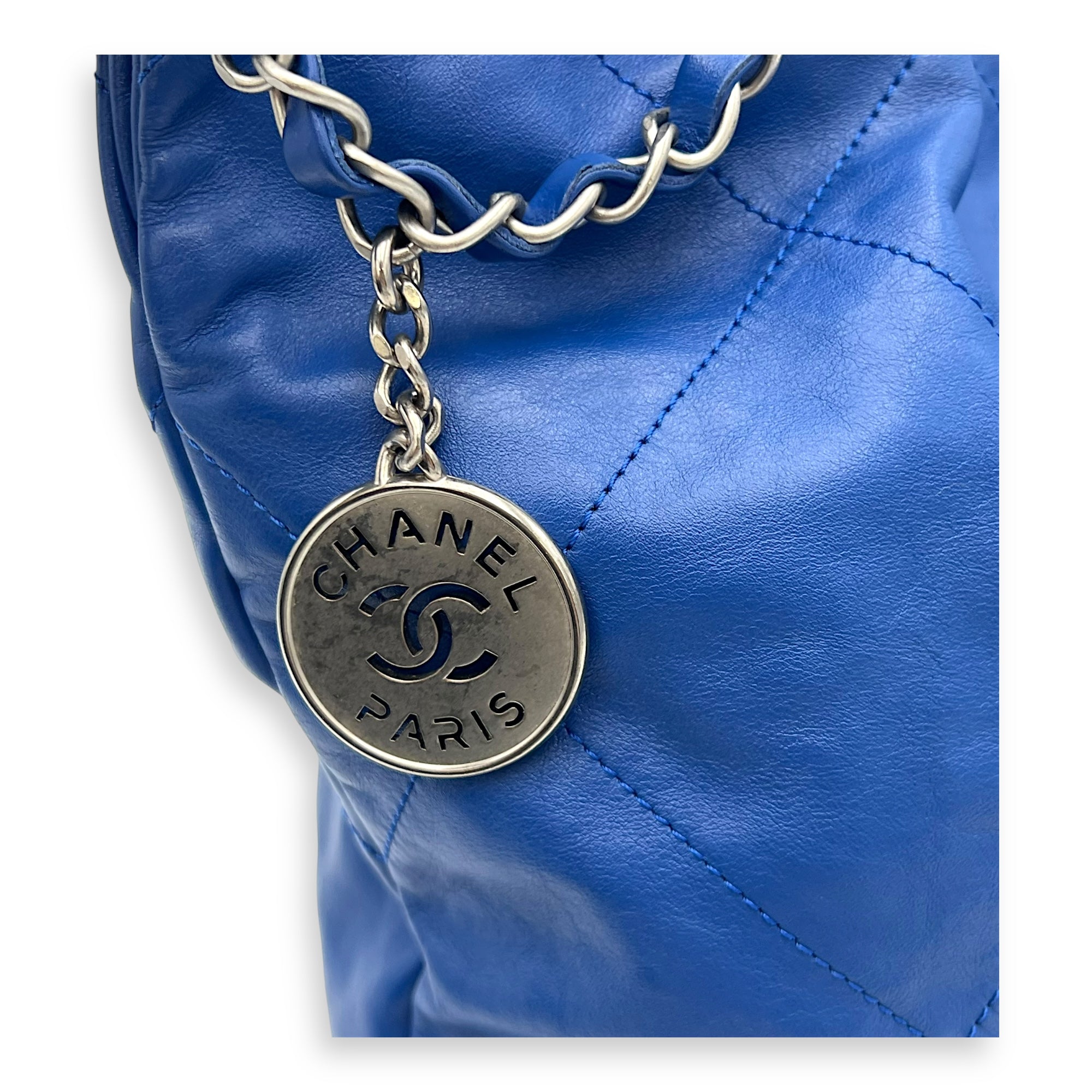 Chanel 22 Tote Shoulder Bag Blue in Calfskin, Silver hardware_7