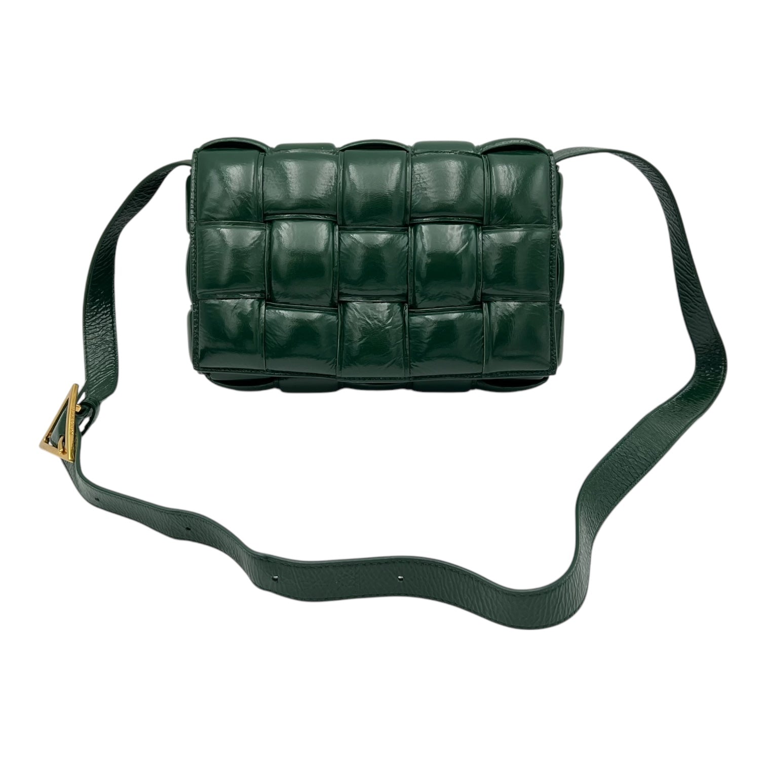 Bottega Veneta Cassette Shoulder Bag Green in Patent Leather, Gold hardware_7