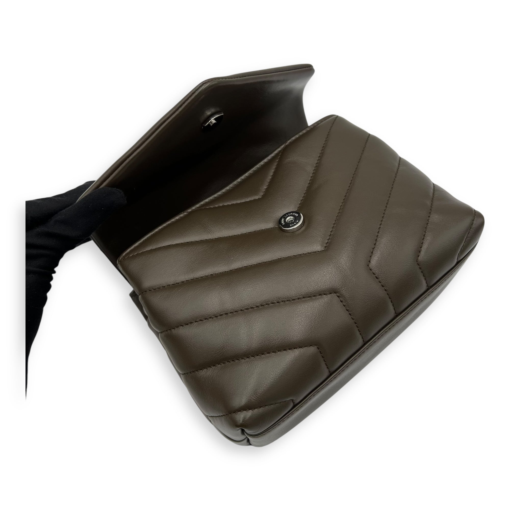 Saint Laurent Loulou Crossbody Bag Toy Brown in Calfskin, Silver hardware_7