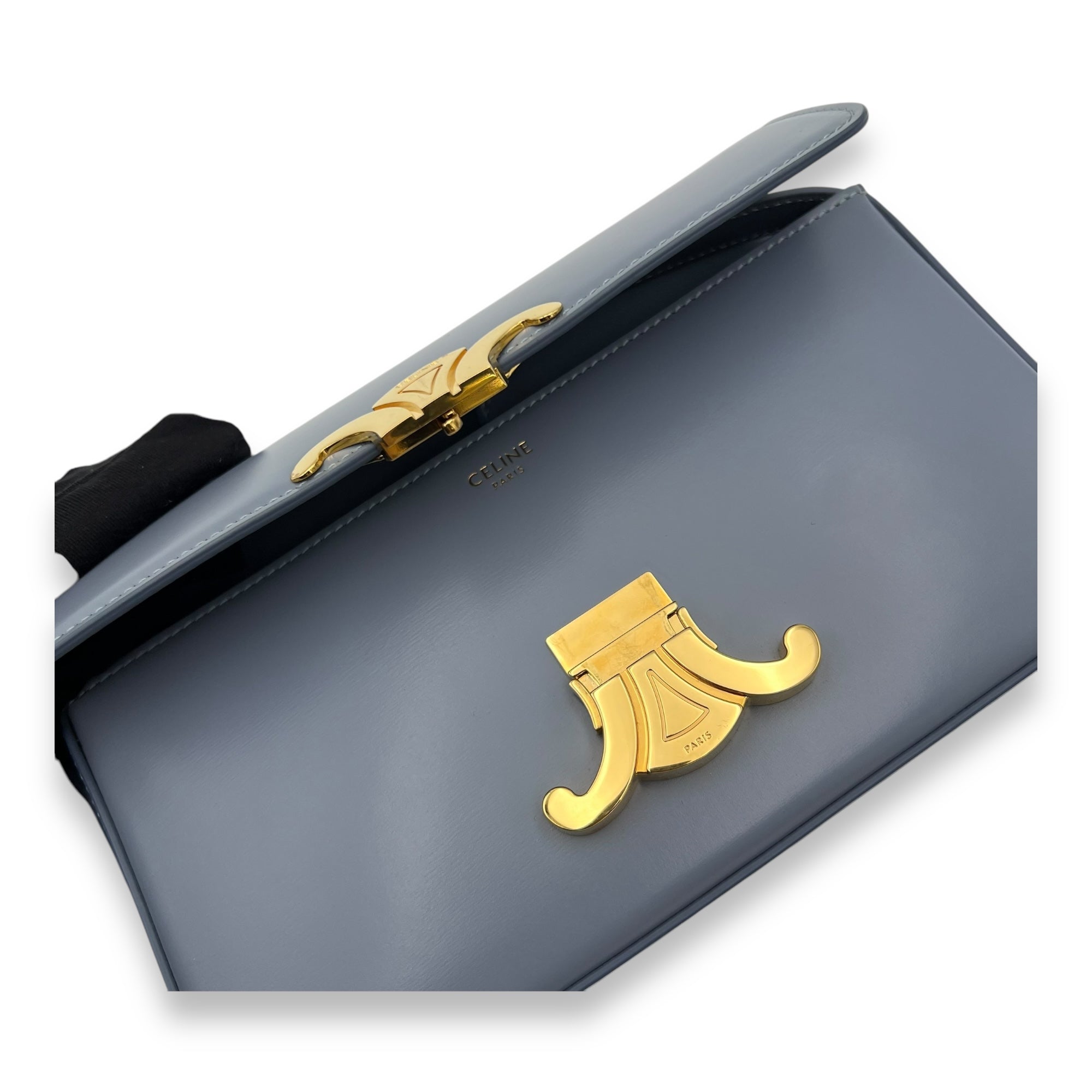 Celine Triomphe Shoulder Bag Blue Grey in Calfskin, Gold hardware_7
