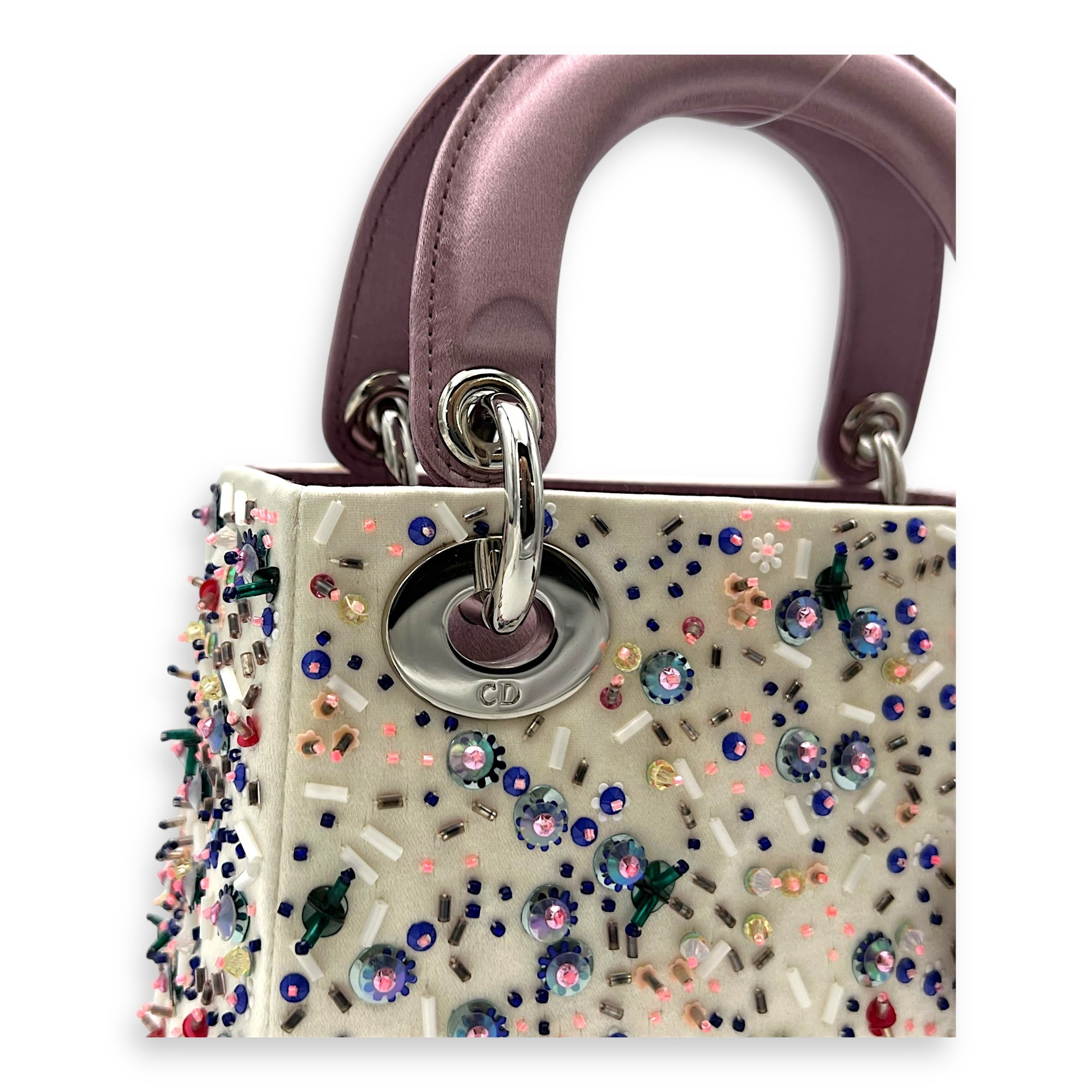 Christian Dior Lady Dior Mini Multi-colour Top Handle Bag in Satin, Silver hardware_7