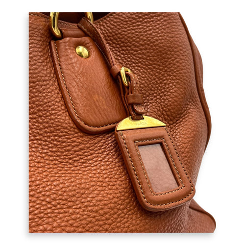 Prada Logo Top Handle Bag Orange in Calfskin, Gold hardware_7