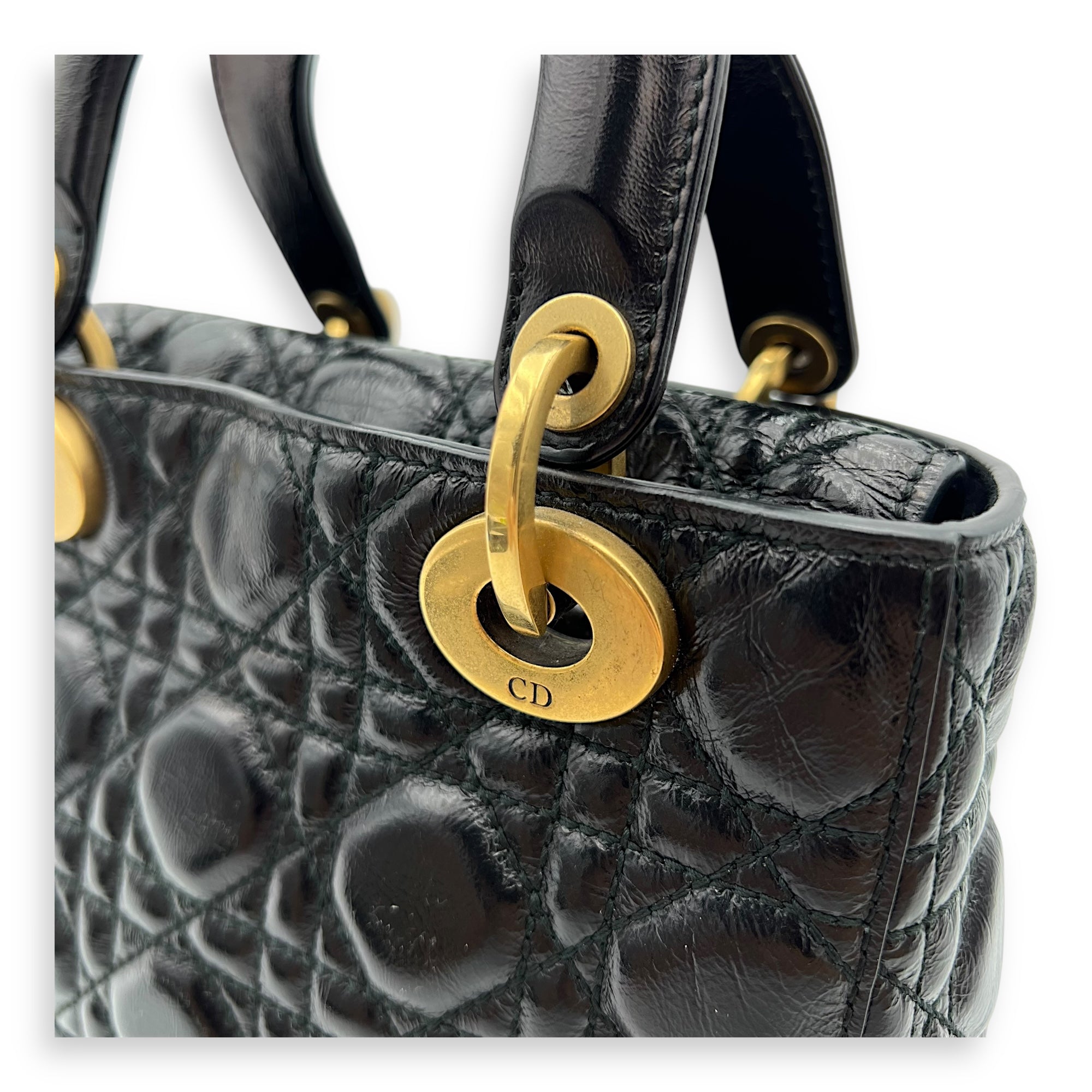 Christian Dior Lady Dior Top Handle Bag Small Black in Calfskin, Gold hardware_9
