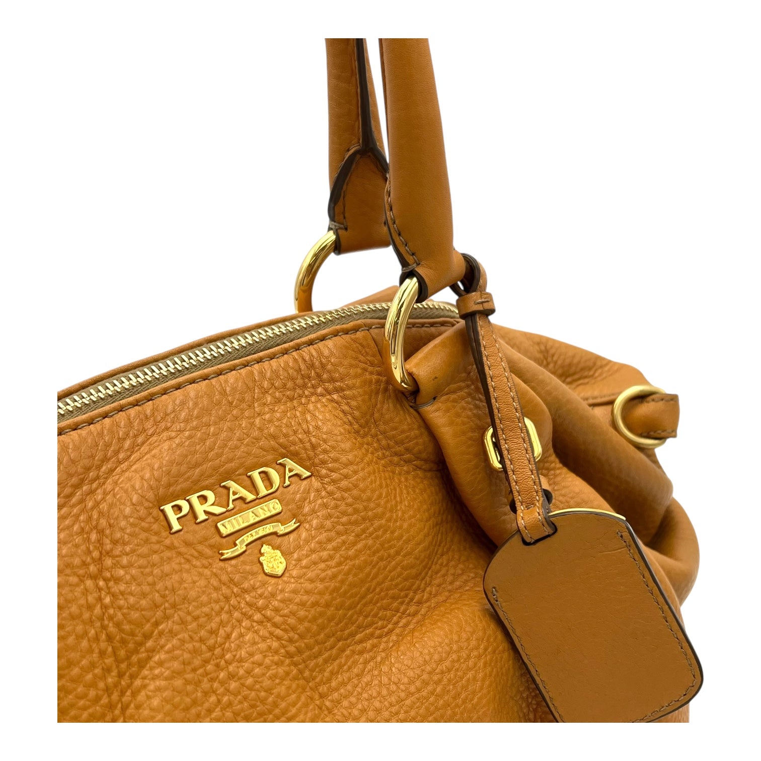 Prada Logo Top Handle Bag Yellow in Calfskin, Gold hardware_7