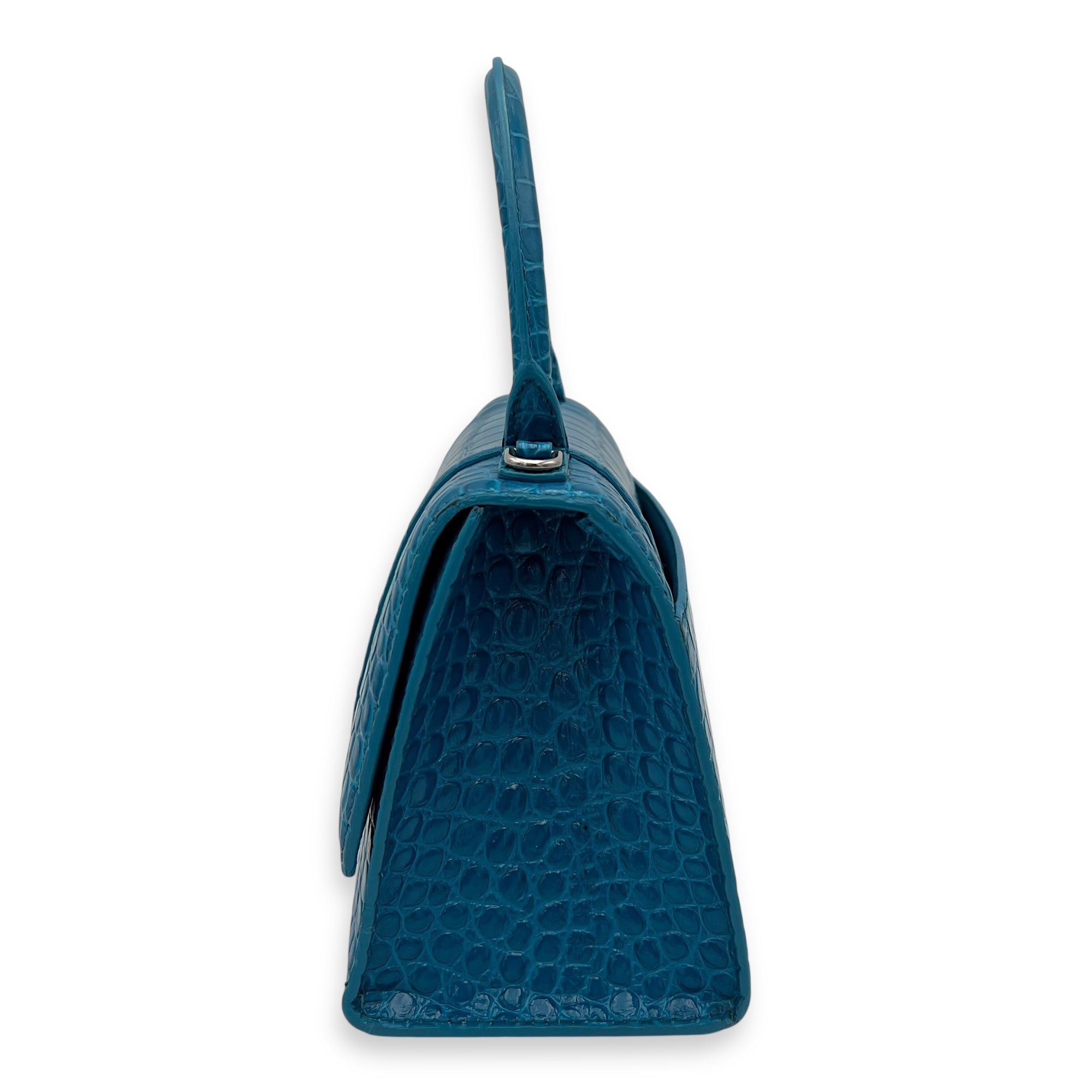 Balenciaga Hourglass Top Handle Bag Blue in Crocodile Embossed Calfskin, Silver hardware_4