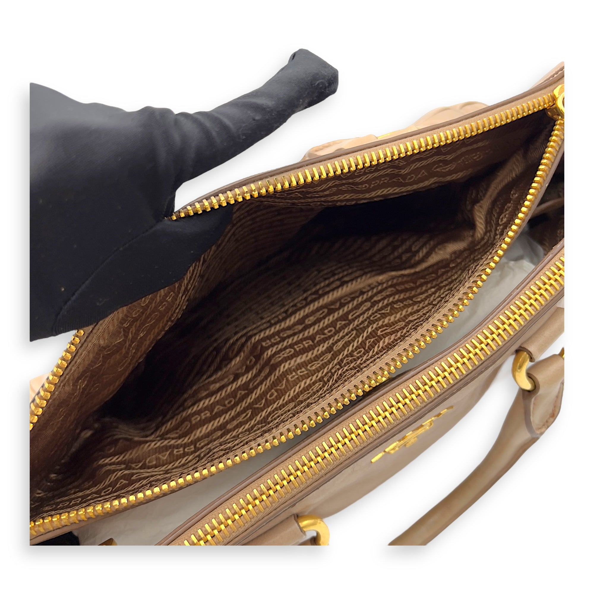 Prada Logo Top Handle Bag Beige in Calfskin, Gold hardware_7