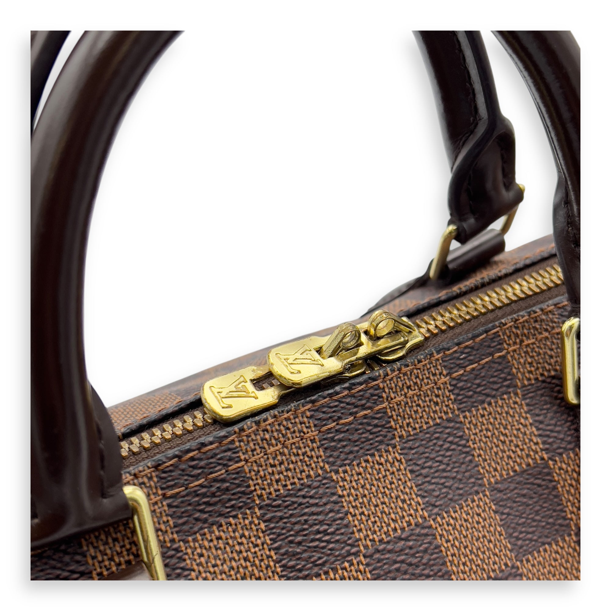 Louis Vuitton Speedy Bandouliere Top Handle Bag 30 Damier in Coated Canvas, Gold hardware_7