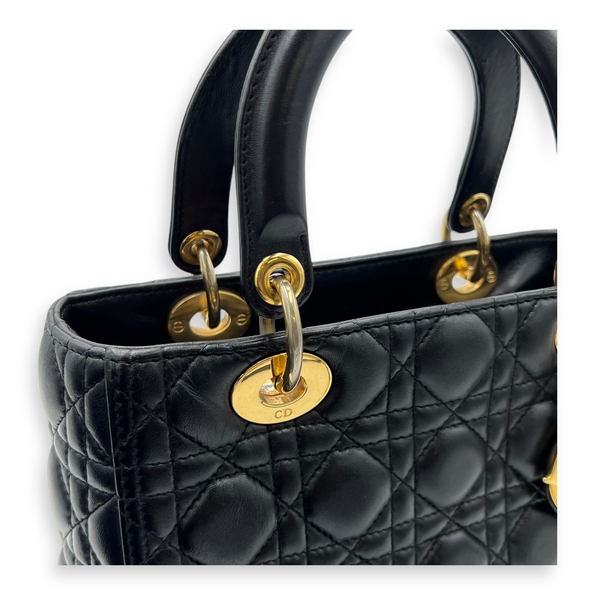 Christian Dior Lady Dior Top Handle Bag Black in Lambskin, Gold hardware_7