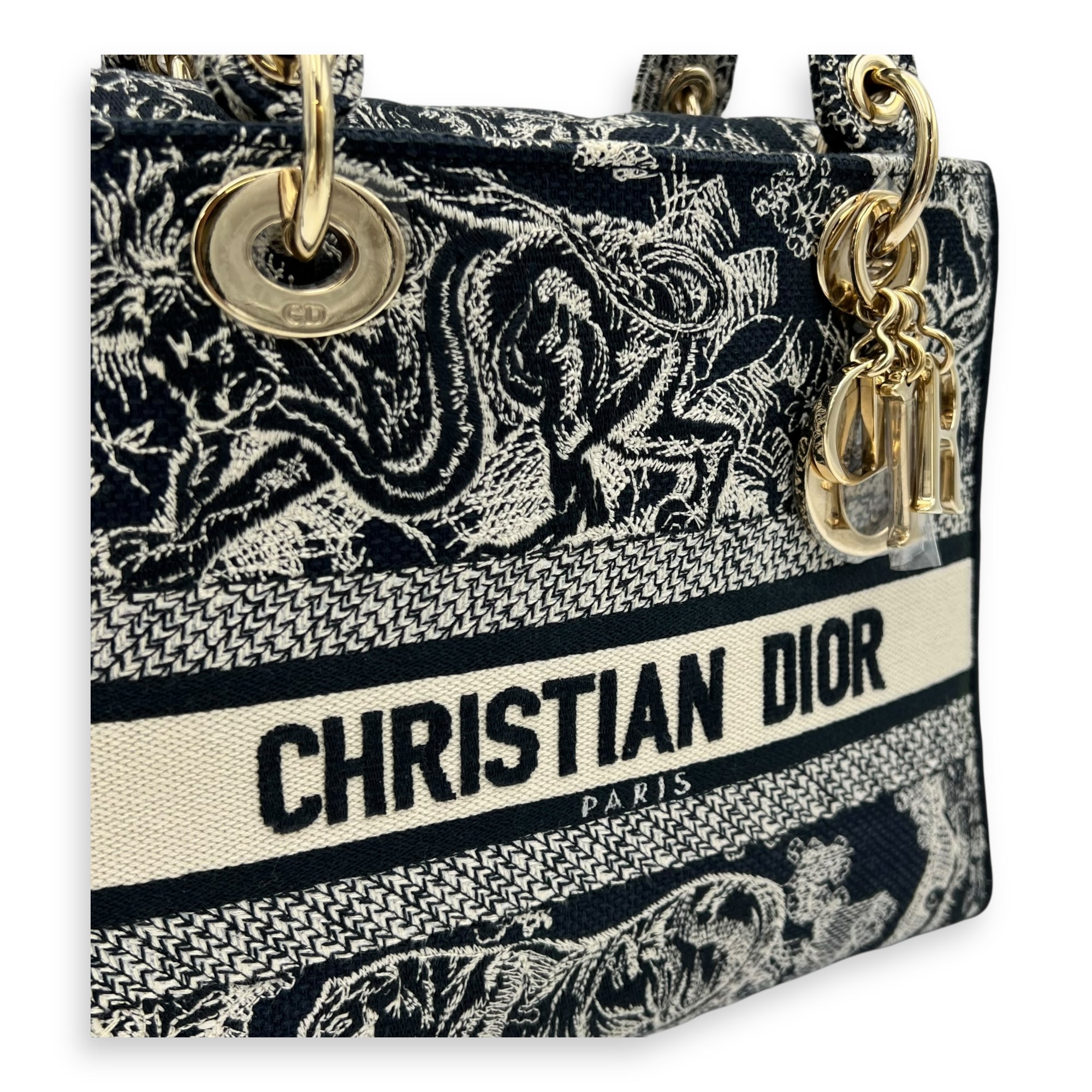 Christian Dior Lady Dior Medium Blue Top Handle Bag in Jacquard, Gold hardware_7