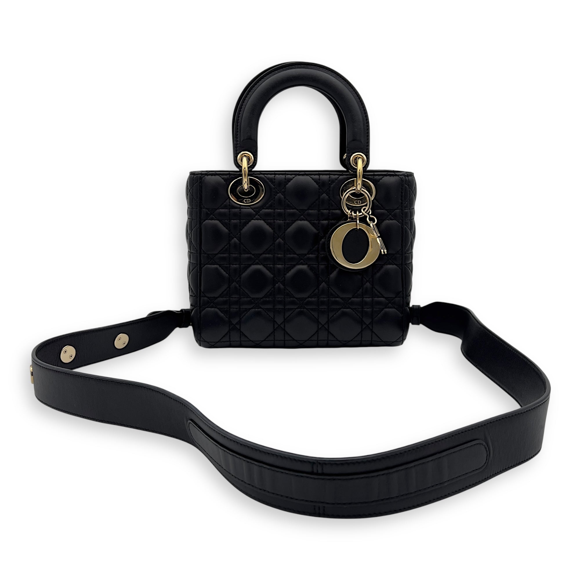 Christian Dior Lady Dior Small Black Top Handle Bag in Lambskin, Gold hardware_5