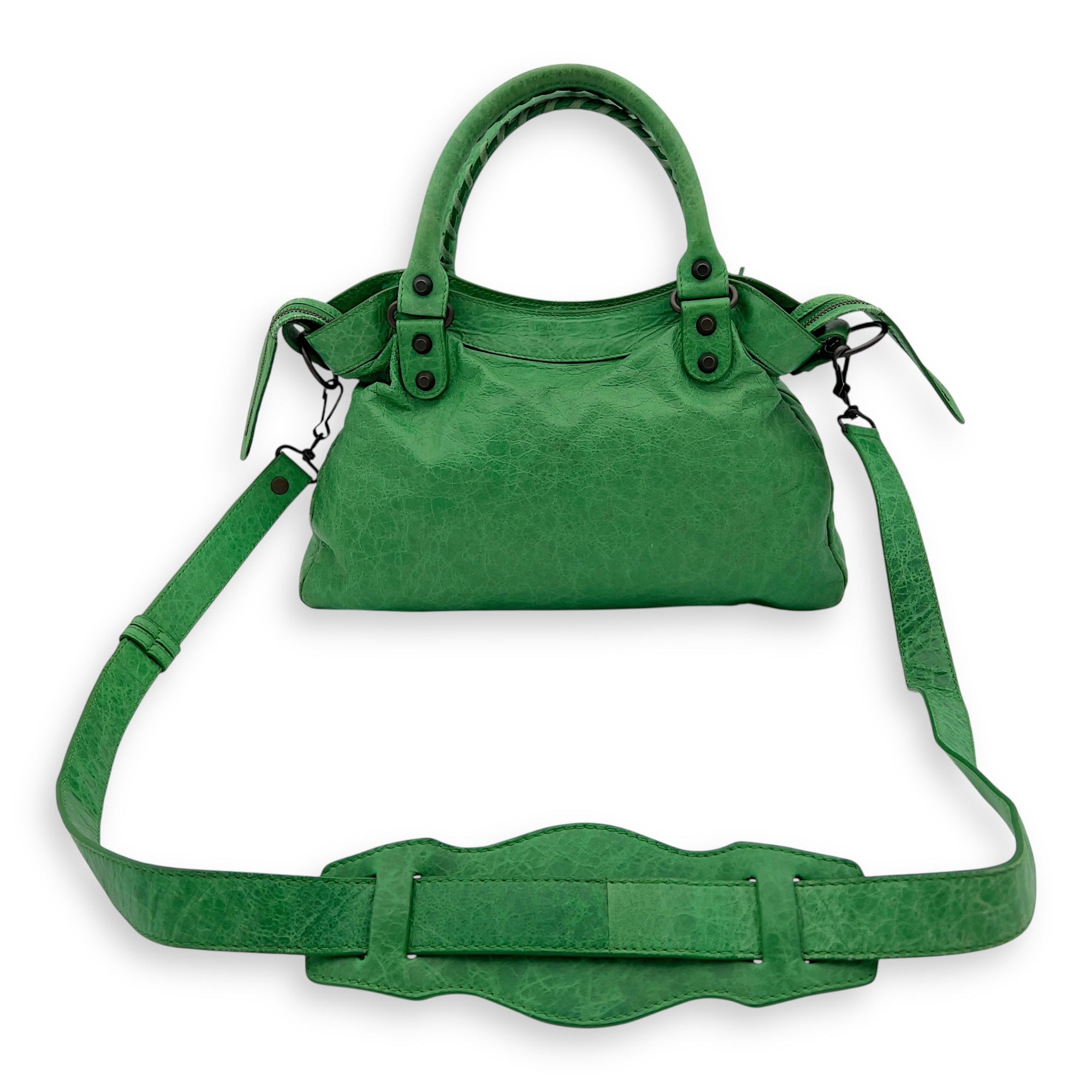 Balenciaga Motorcycle Town Green Top Handle Bag in Distressed Leather, Gunmetal hardware_5