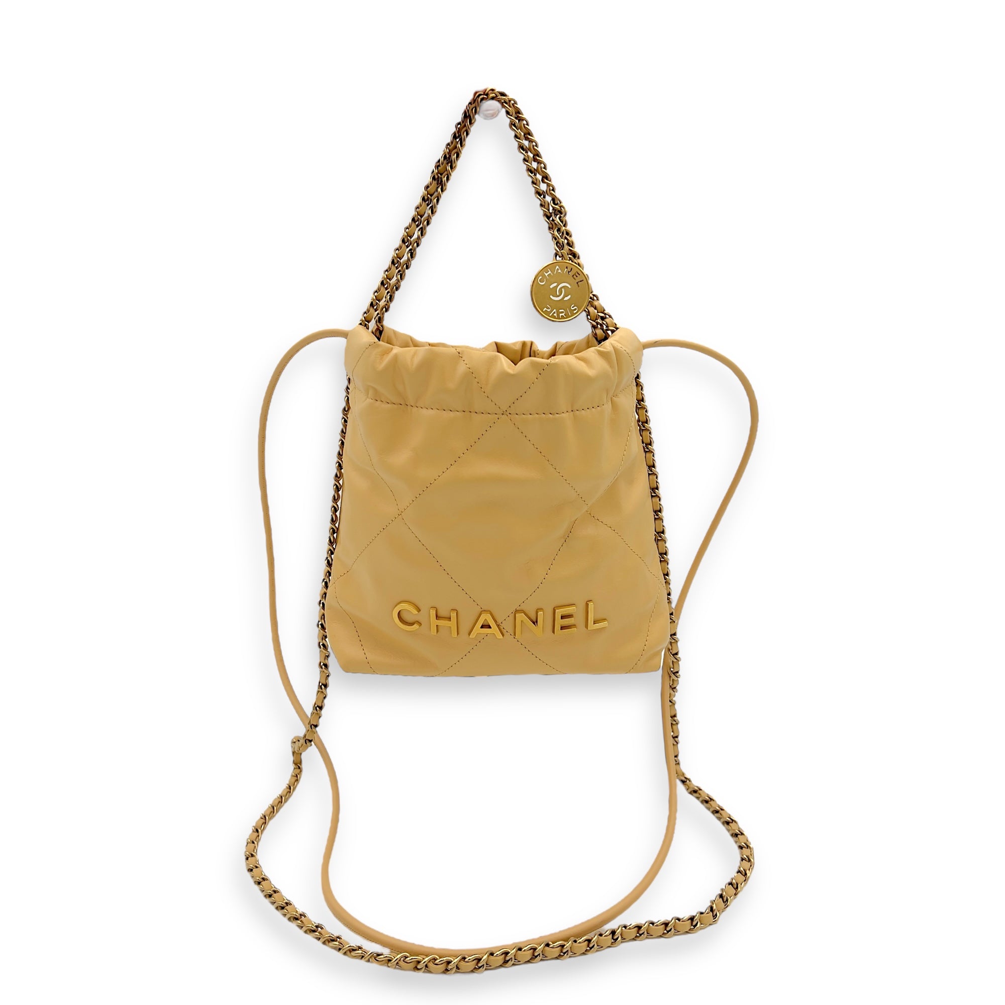 Chanel 22 Tote Shoulder Bag Mini Beige in Lambskin, Gold hardware_5