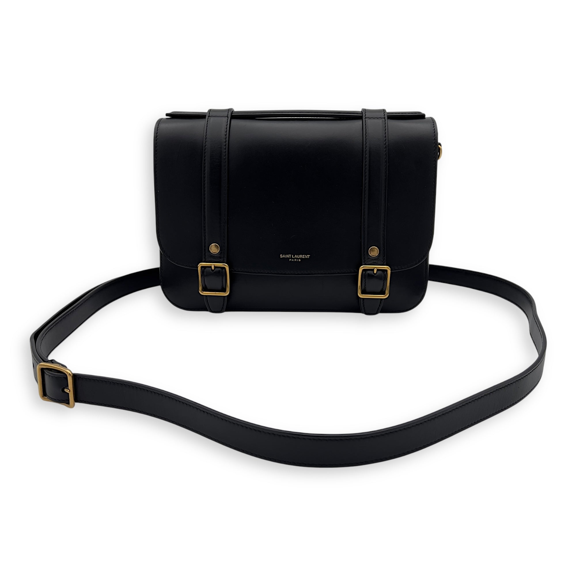 Saint Laurent Satchel Crossbody Bag Black in Calfskin, Gold hardware_9