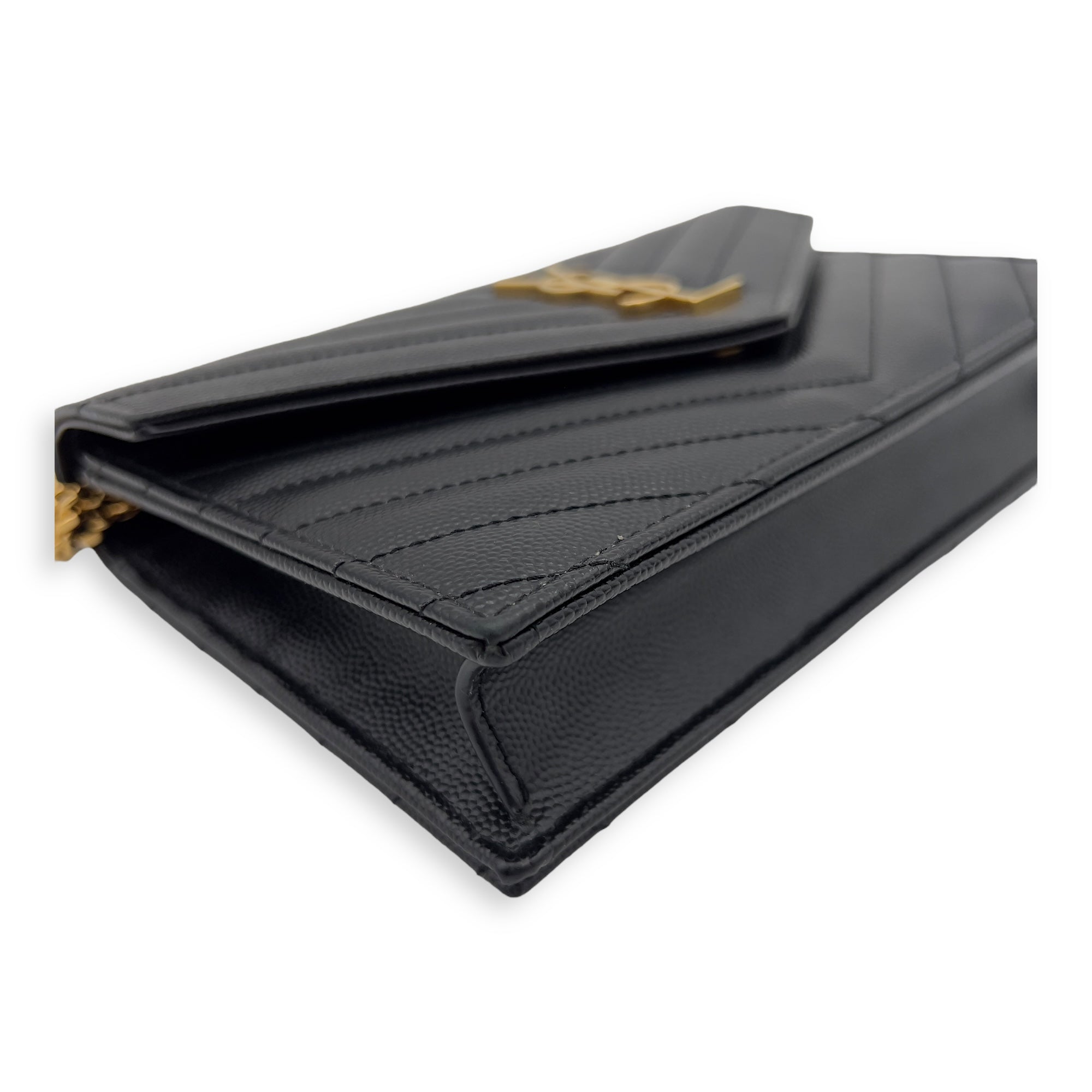 Saint Laurent Cassandra Wallet On Chain Black in Caviar Leather, Gold hardware_9