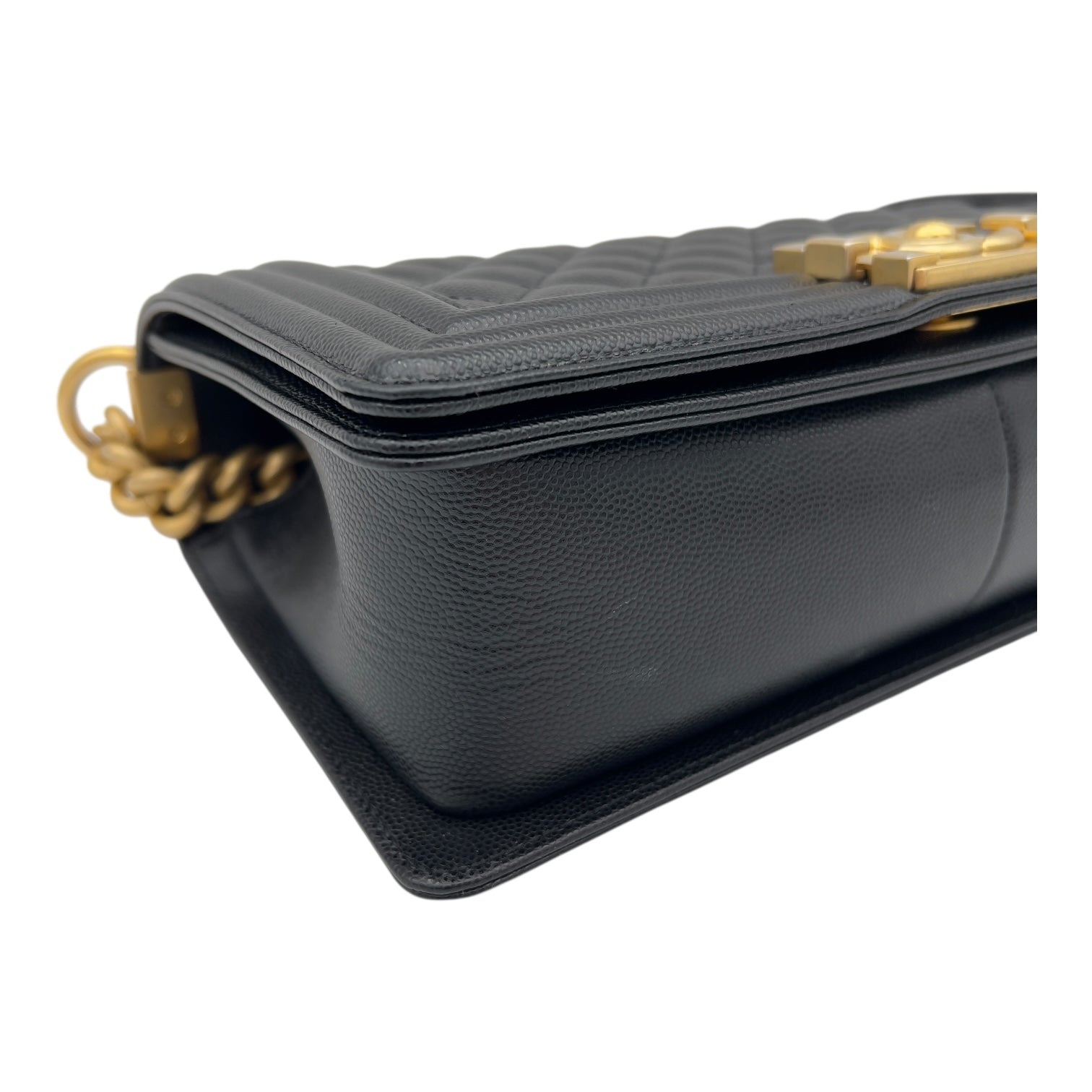 Chanel Boy Medium Black Shoulder Bag in Caviar Leather, Brushed Gold hardware_9