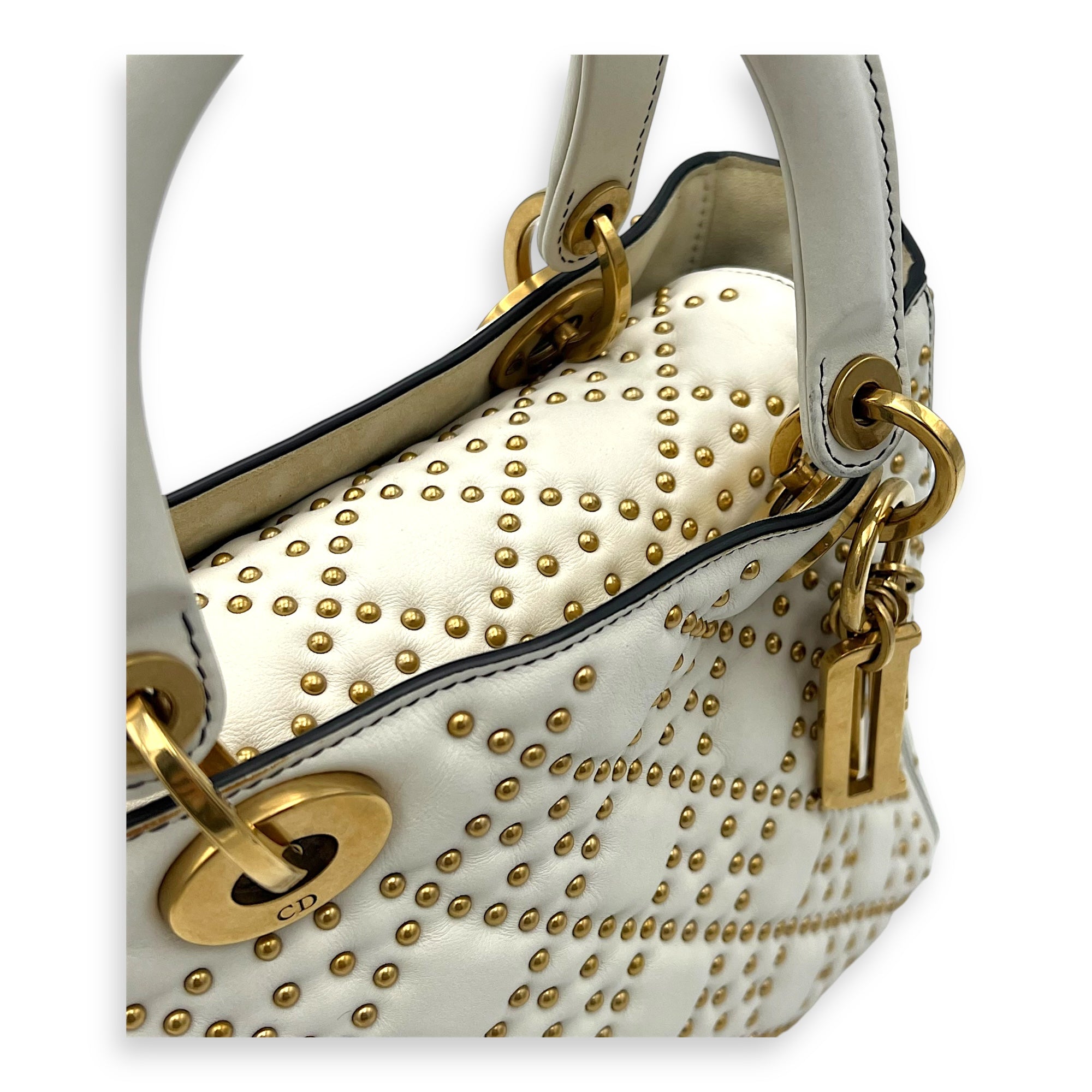 Christian Dior Lady Dior Top Handle Bag White in Calfskin, Gold hardware_7