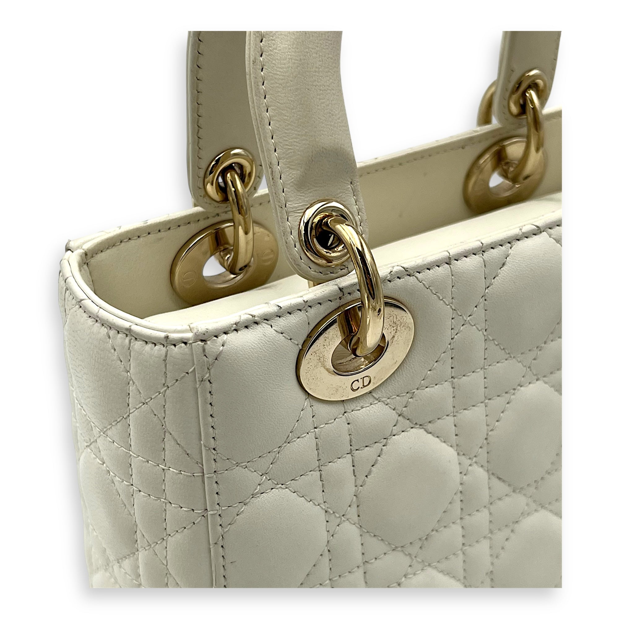 Christian Dior Lady Dior Small White Top Handle Bag in Lambskin, Gold hardware_7