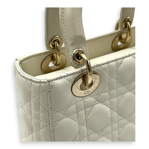 Christian Dior Lady Dior Small White Top Handle Bag in Lambskin, Gold hardware_7