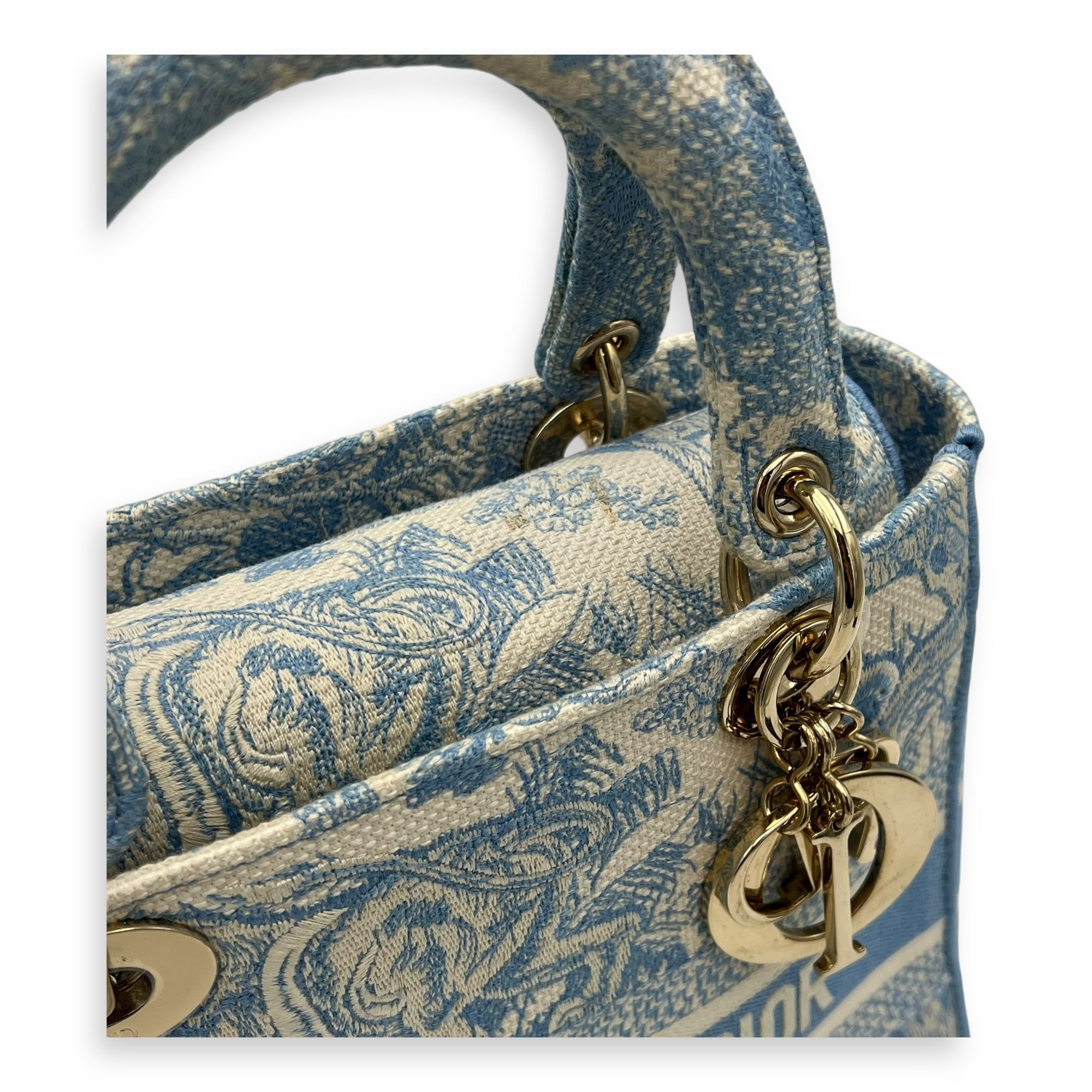 Christian Dior D-Lite Top Handle Bag Blue in Jacquard, Gold hardware_7
