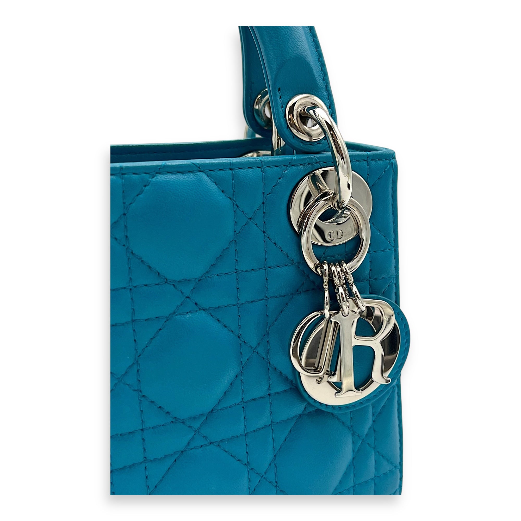 Christian Dior Lady Dior Top Handle Bag Mini Blue in Lambskin, Silver hardware_7