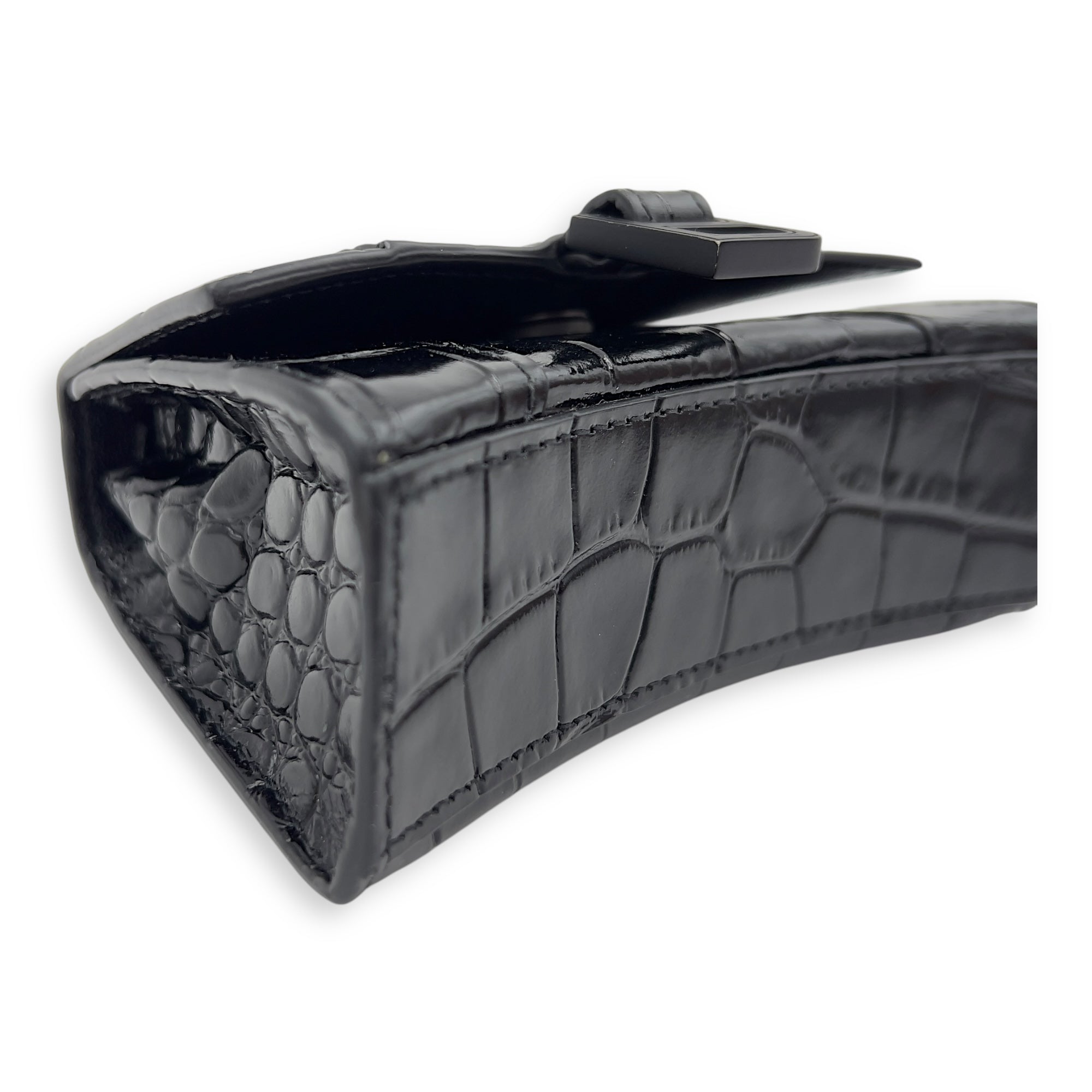 Balenciaga Hourglass Mini Black Top Handle Bag in Crocodile Embossed Calfskin, Lacquered Metal hardware_9