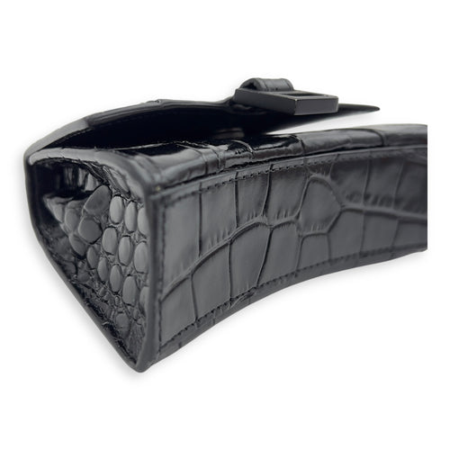 Balenciaga Hourglass Mini Black Top Handle Bag in Crocodile Embossed Calfskin, Lacquered Metal hardware_9