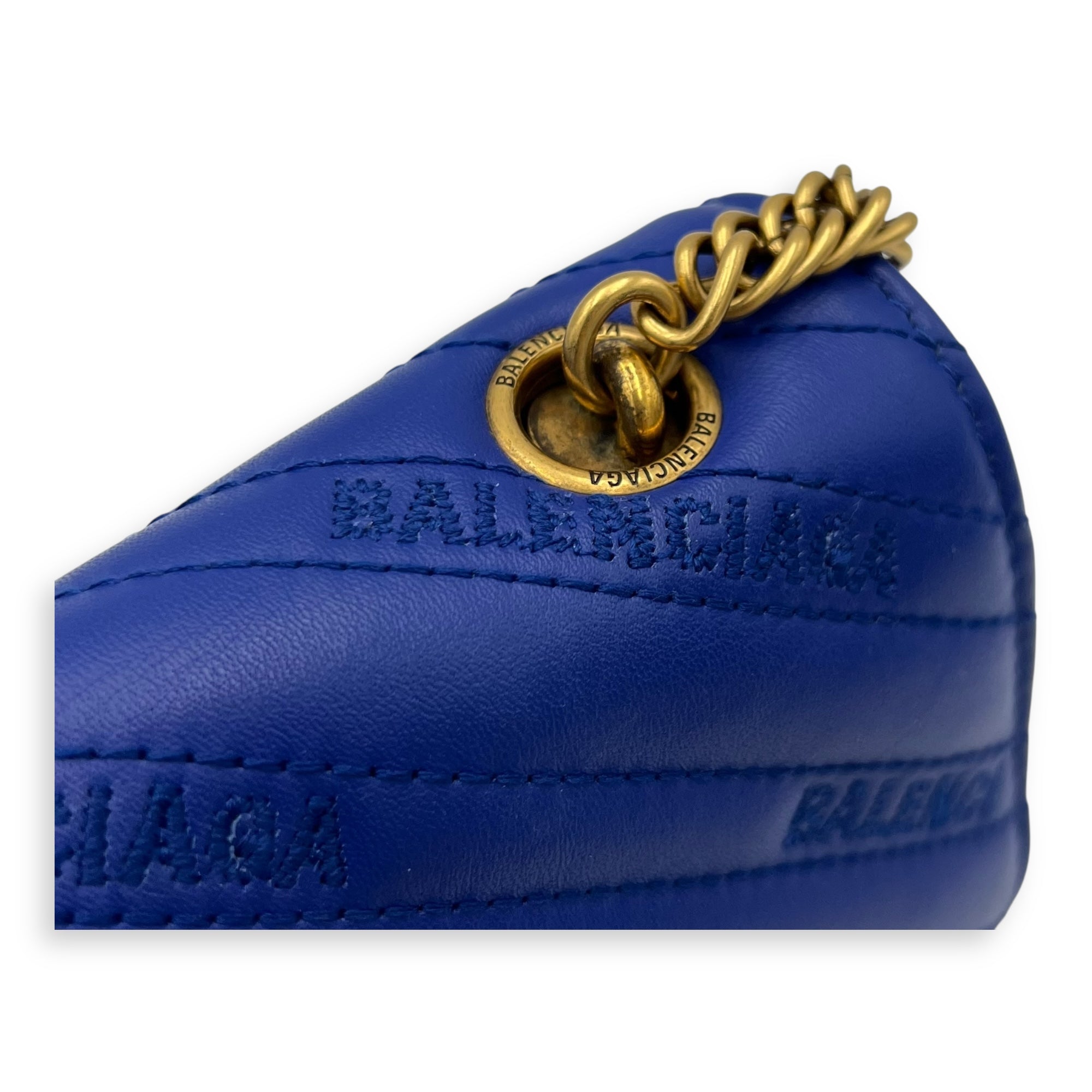 Balenciaga Logo Shoulder Bag Blue in Calfskin, Gold hardware_7