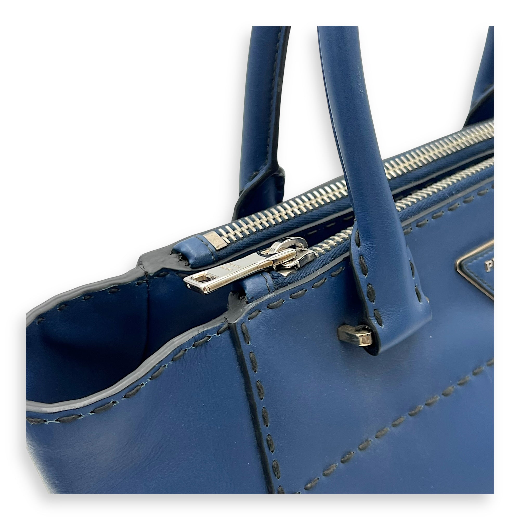 Prada Logo Top Handle Bag Blue in Calfskin, Gold hardware_7
